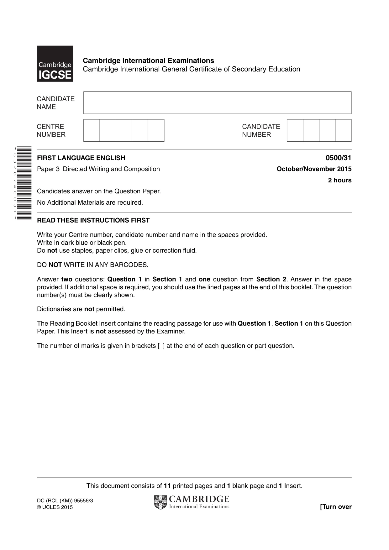 Cambridge IGCSE English - First Language 0500 2015 Oct/Nov Paper 3 · Variant 1 question paper, page 1 of 12