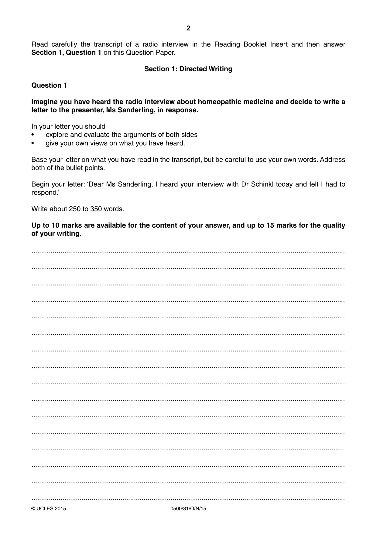 Cambridge IGCSE English - First Language 0500 2015 Oct/Nov Paper 3 · Variant 1 question paper, page 2 of 12