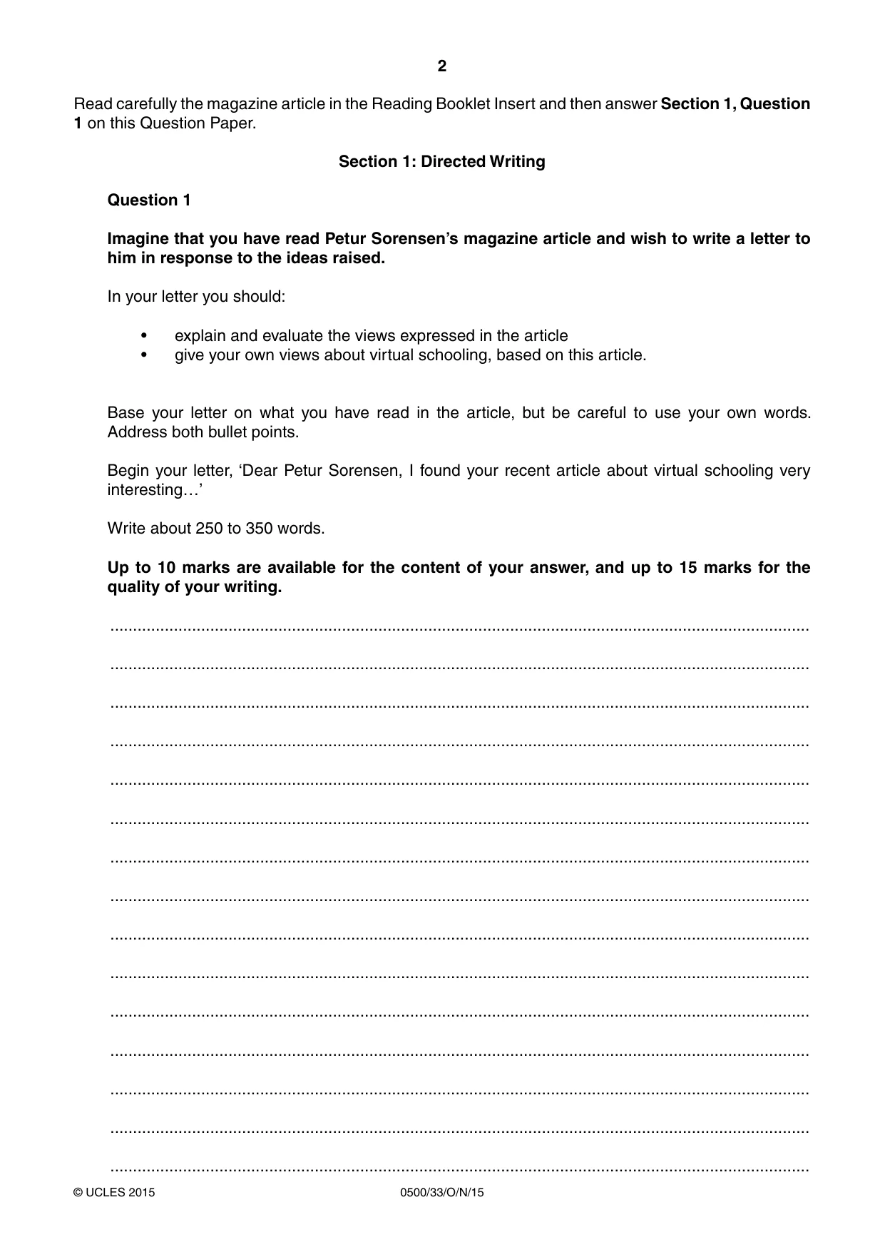Cambridge IGCSE English - First Language 0500 2015 Oct/Nov Paper 3 · Variant 3 question paper, page 2 of 12