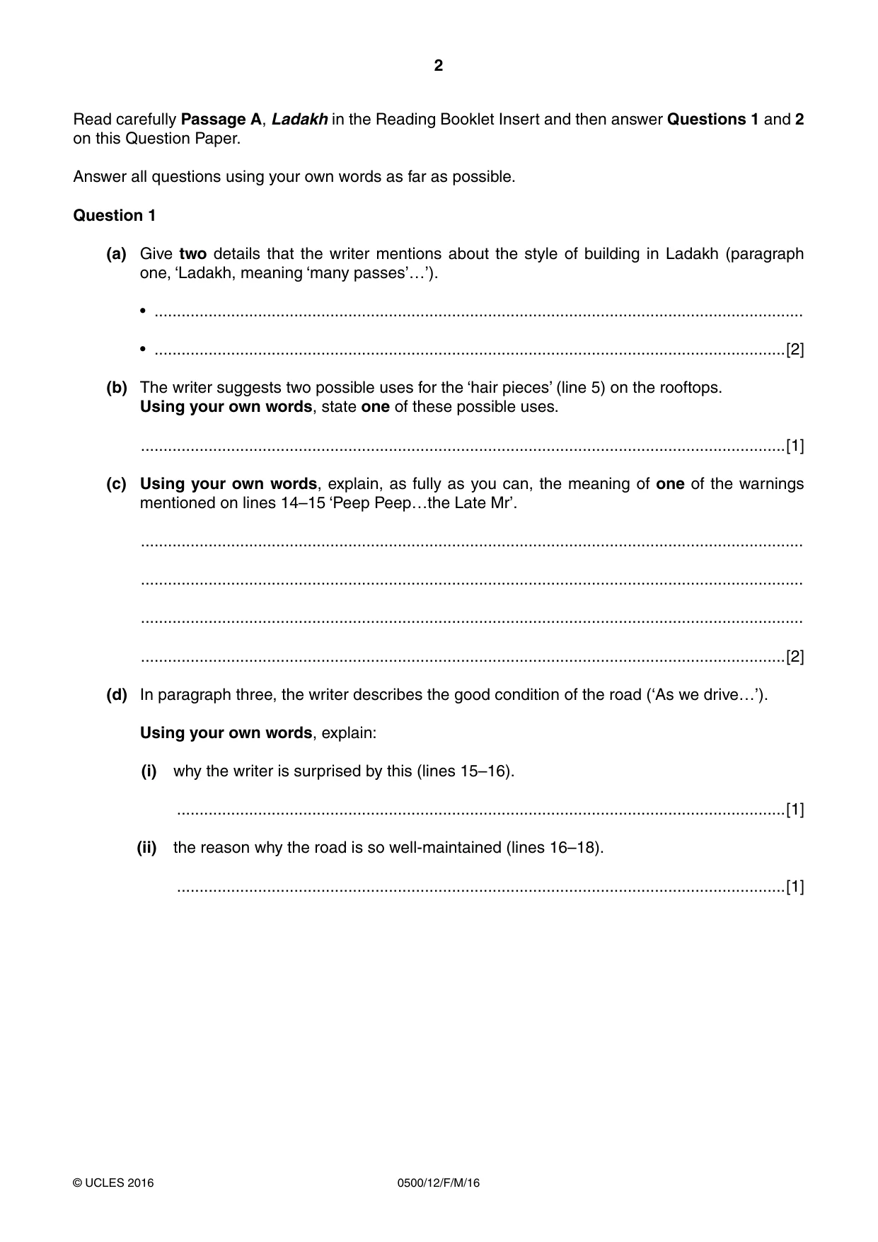 Cambridge IGCSE English - First Language 0500 2016 Feb/March Paper 1 · Variant 2 question paper, page 2 of 12