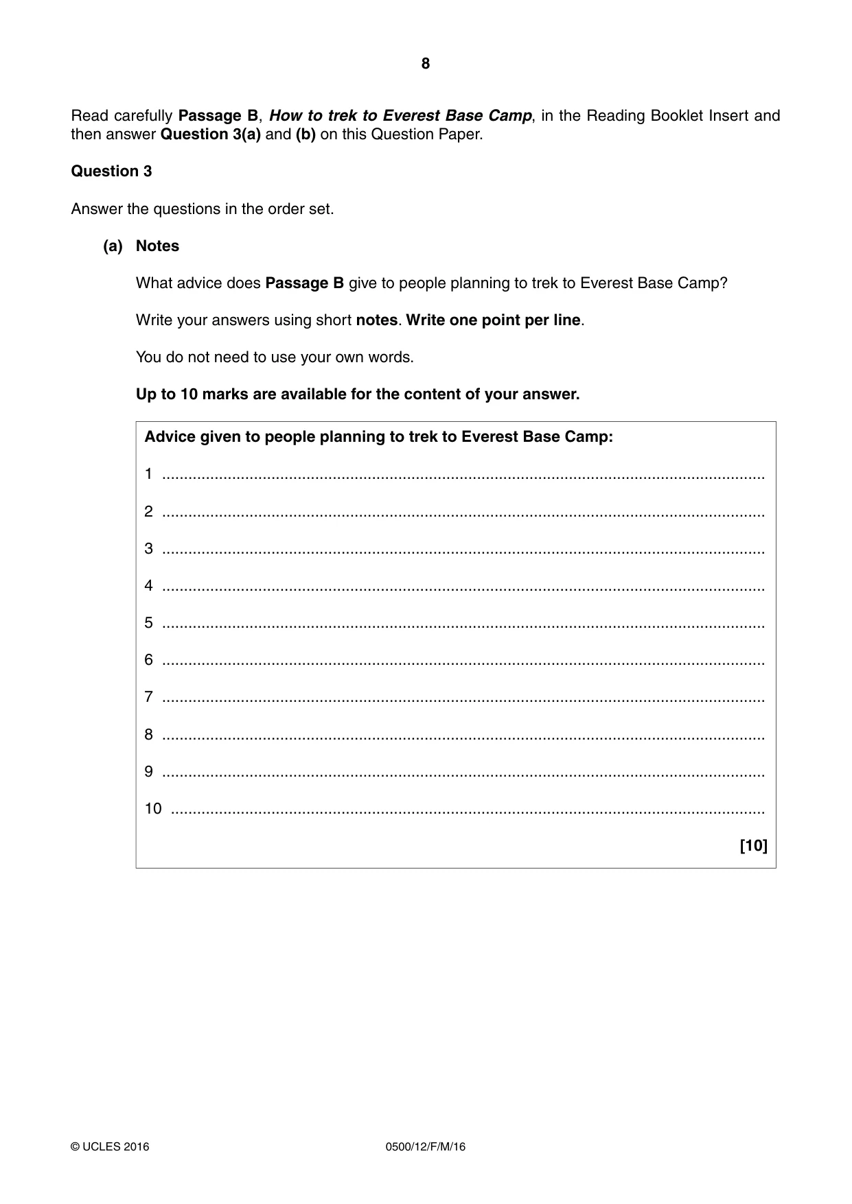 Cambridge IGCSE English - First Language 0500 2016 Feb/March Paper 1 · Variant 2 question paper, page 8 of 12