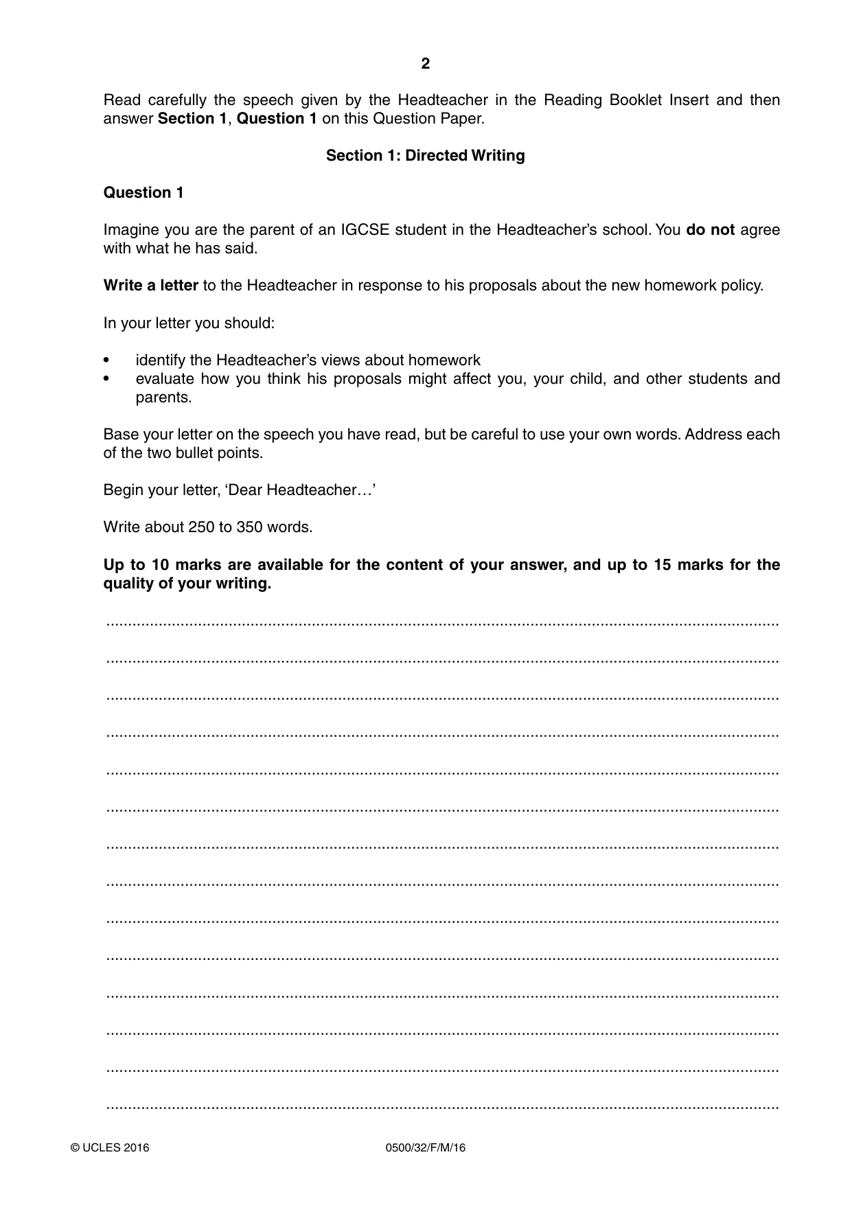 Cambridge IGCSE English - First Language 0500 2016 Feb/March Paper 3 · Variant 2 question paper, page 2 of 12