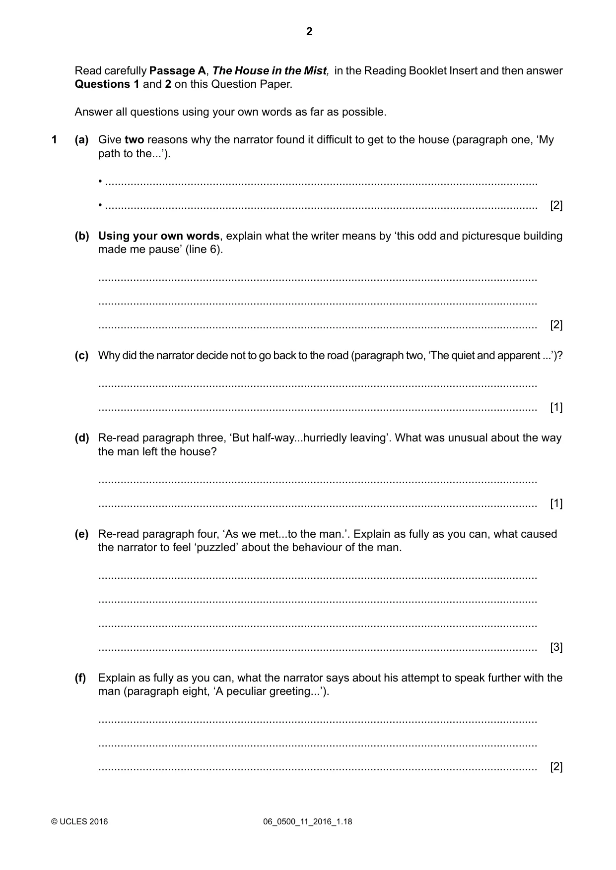 Cambridge IGCSE English - First Language 0500 2016 May/June Paper 1 · Variant 1 question paper, page 2 of 12