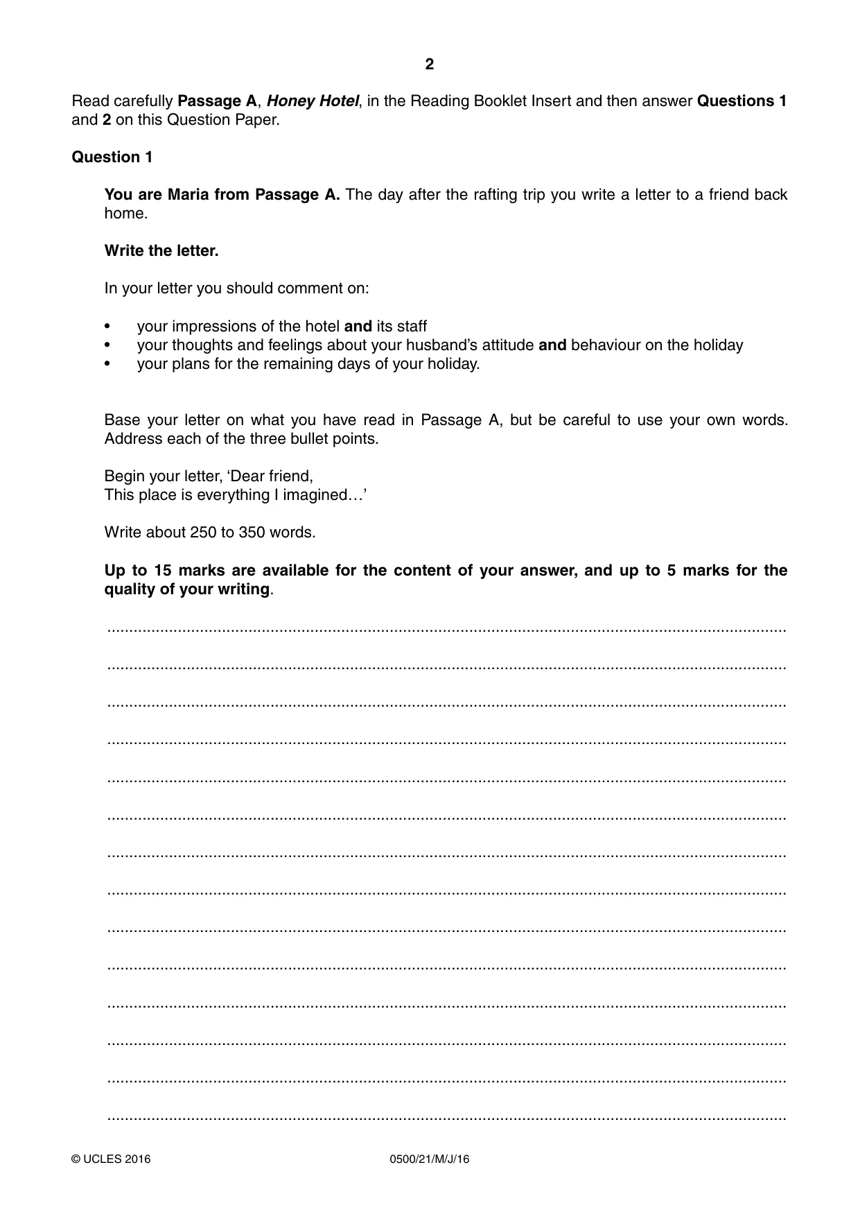Cambridge IGCSE English - First Language 0500 2016 May/June Paper 2 · Variant 1 question paper, page 2 of 12