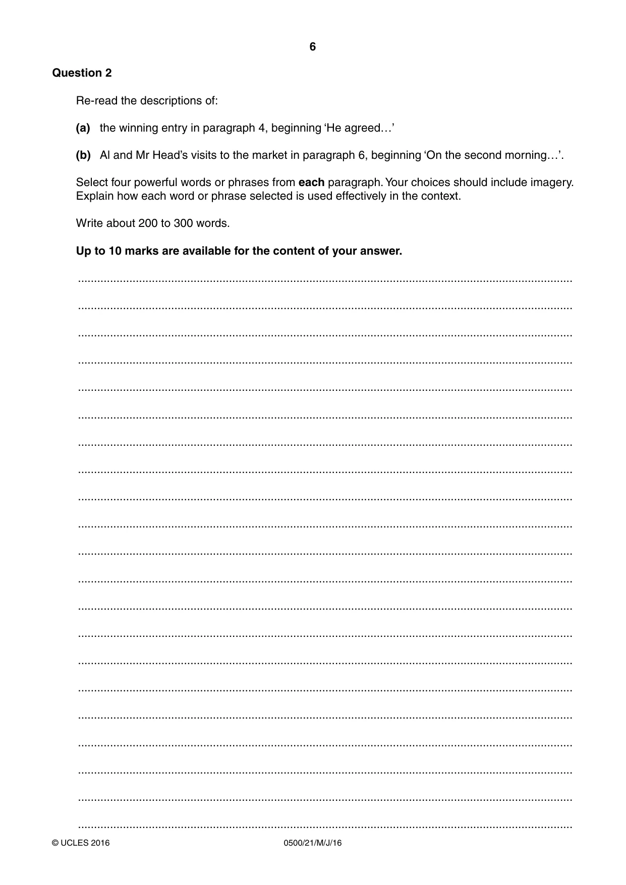 Cambridge IGCSE English - First Language 0500 2016 May/June Paper 2 · Variant 1 question paper, page 6 of 12