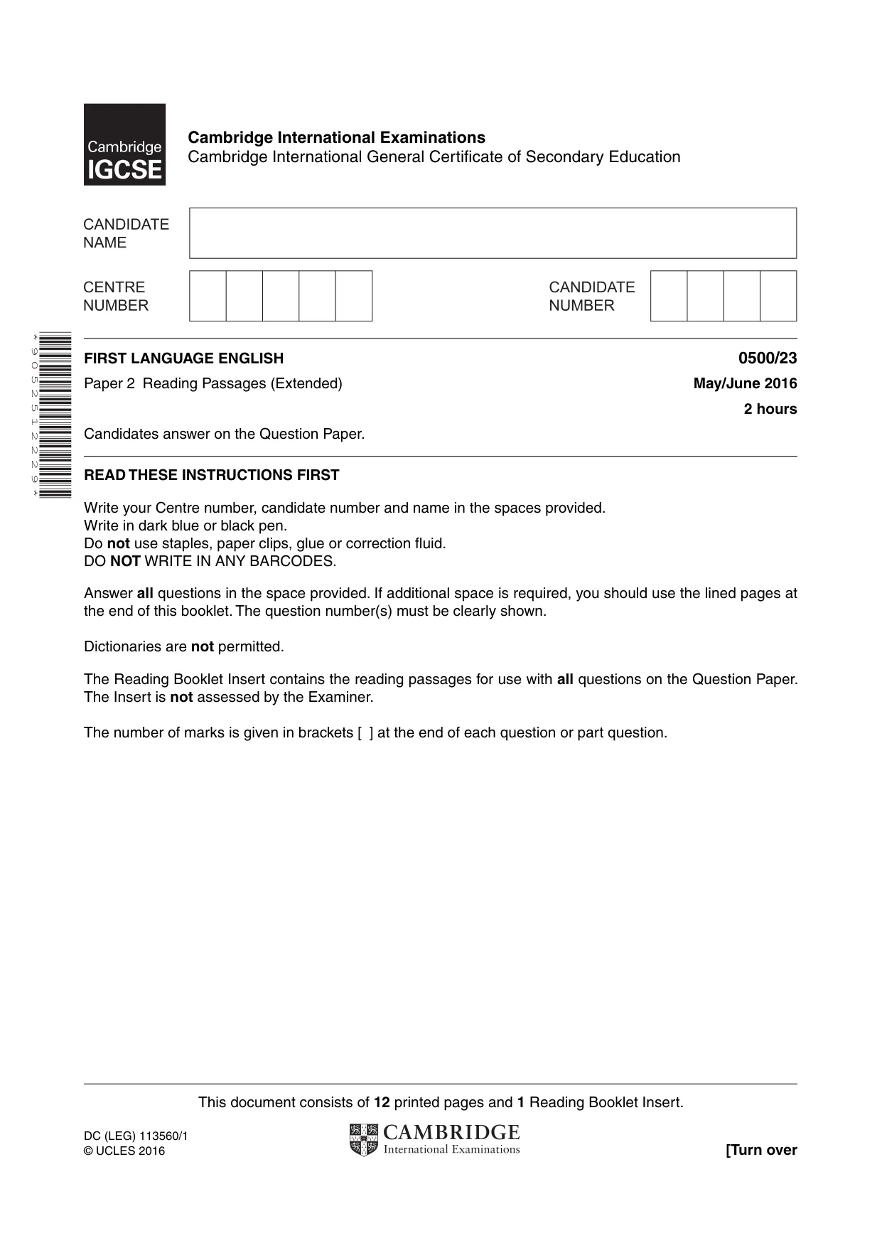 Cambridge IGCSE English - First Language 0500 2016 May/June Paper 2 · Variant 3 question paper, page 1 of 12