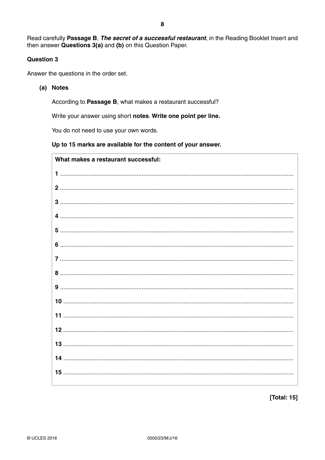 Cambridge IGCSE English - First Language 0500 2016 May/June Paper 2 · Variant 3 question paper, page 8 of 12