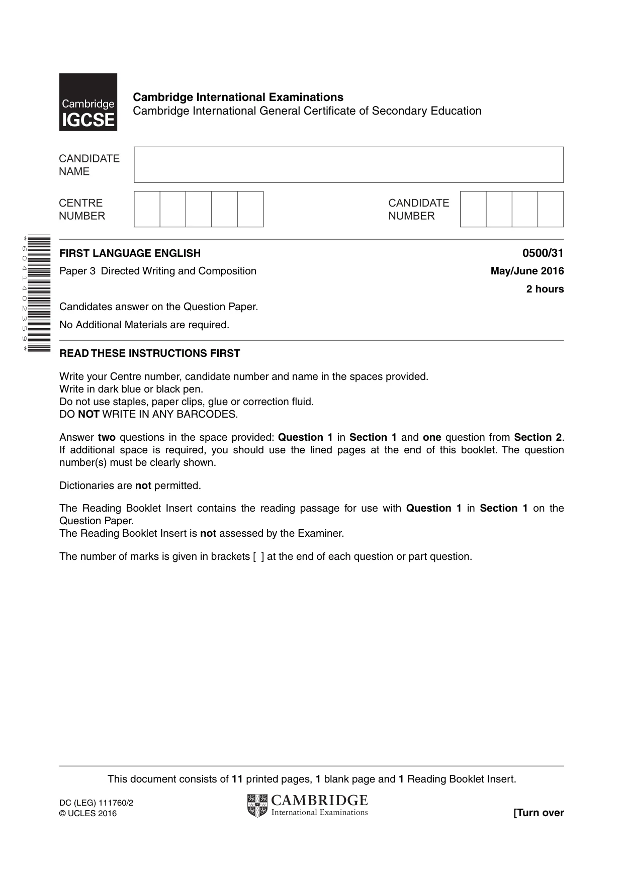 Cambridge IGCSE English - First Language 0500 2016 May/June Paper 3 · Variant 1 question paper, page 1 of 12