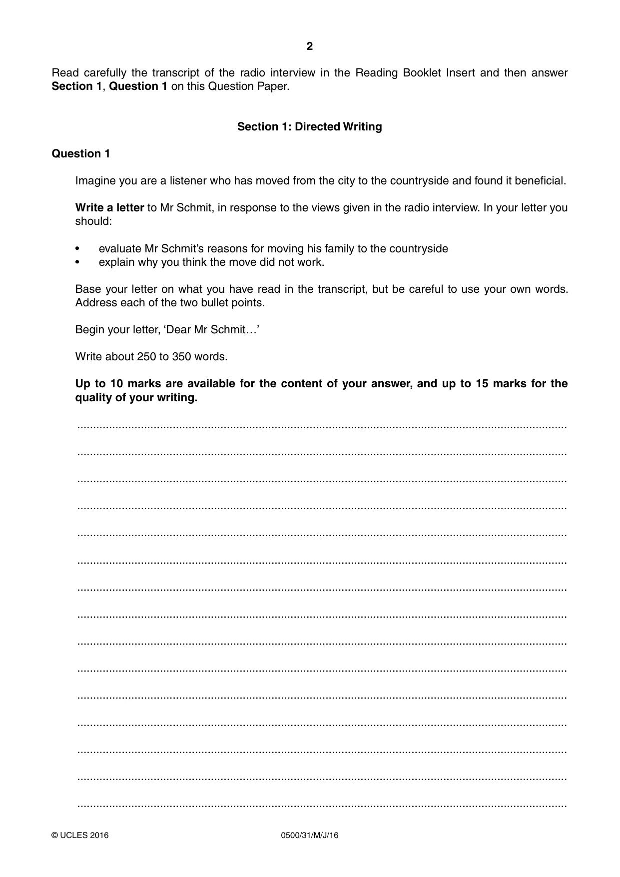 Cambridge IGCSE English - First Language 0500 2016 May/June Paper 3 · Variant 1 question paper, page 2 of 12