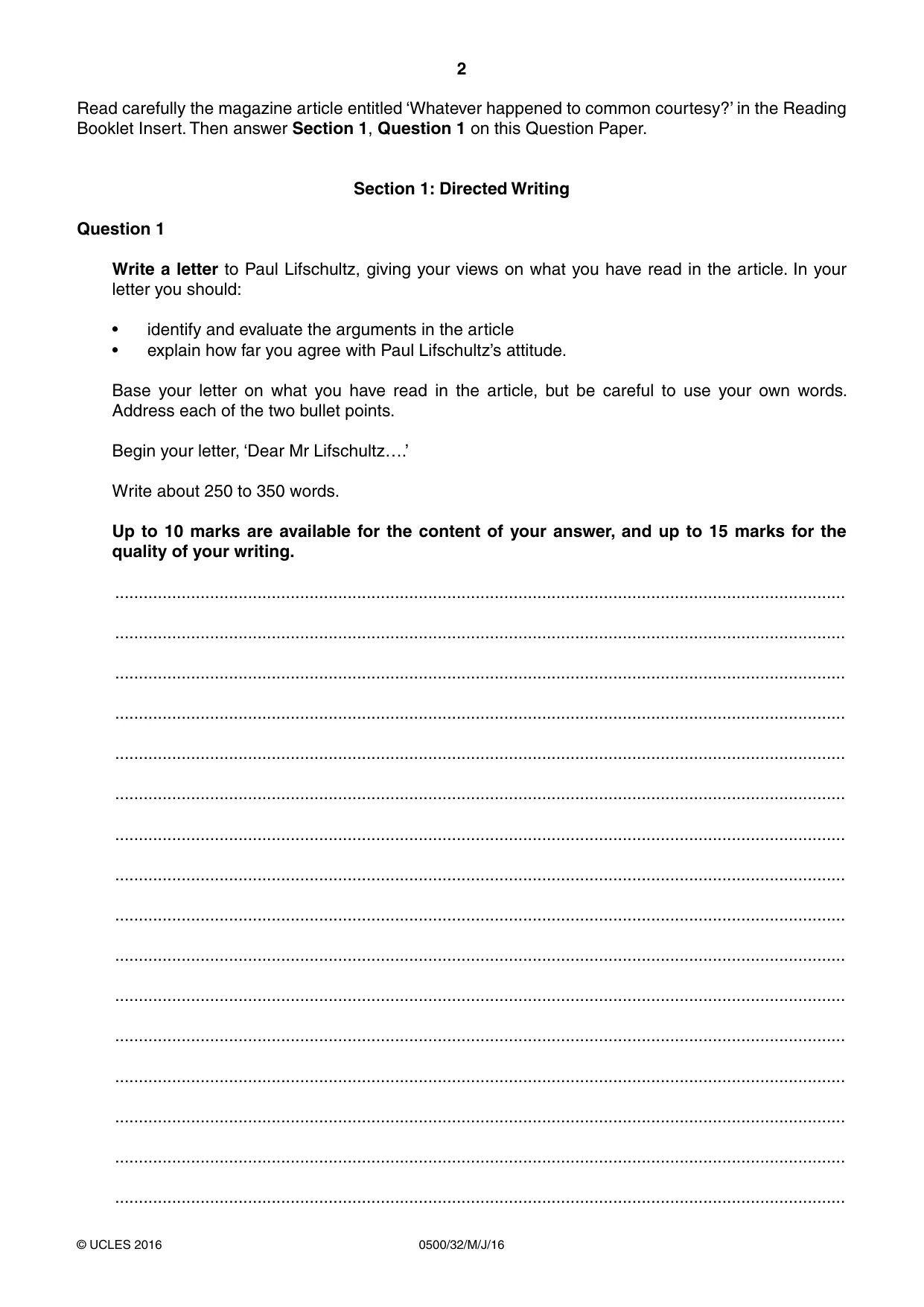 Cambridge IGCSE English - First Language 0500 2016 May/June Paper 3 · Variant 2 question paper, page 2 of 12