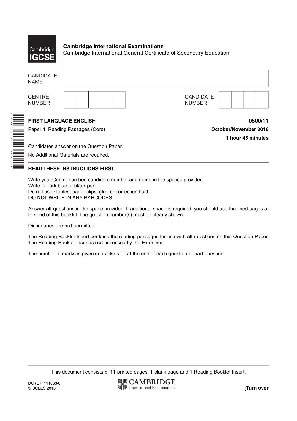 Cambridge IGCSE English - First Language 0500 2016 Oct/Nov Paper 1 · Variant 1 question paper, page 1 of 12