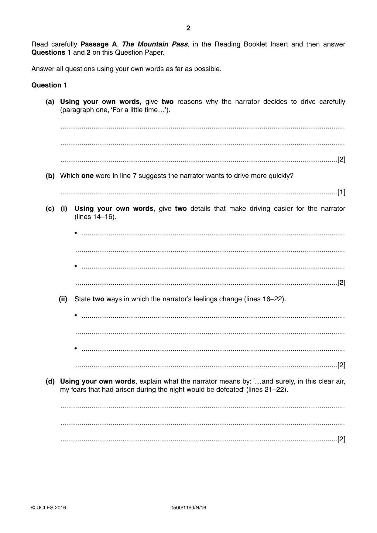 Cambridge IGCSE English - First Language 0500 2016 Oct/Nov Paper 1 · Variant 1 question paper, page 2 of 12