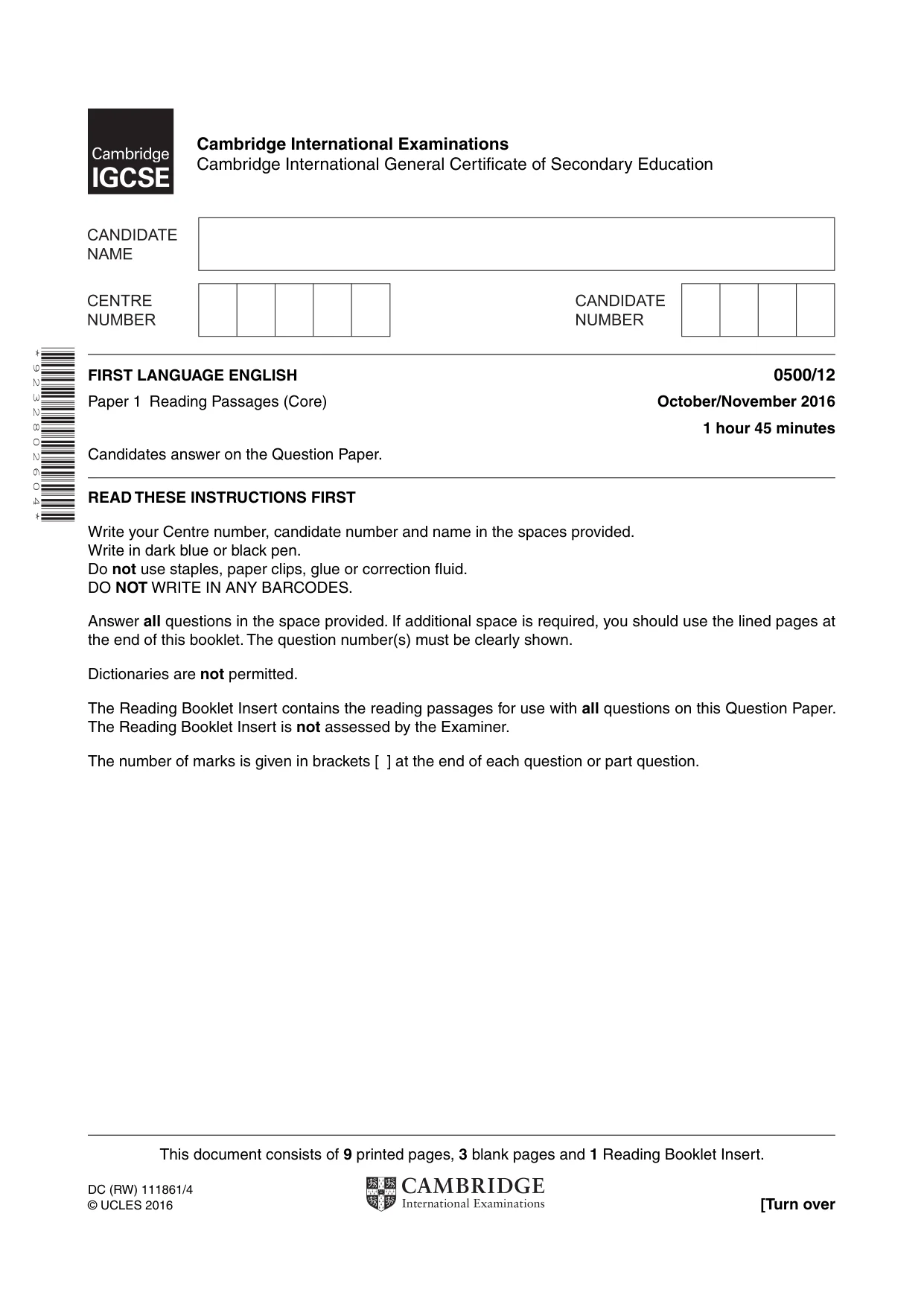 Cambridge IGCSE English - First Language 0500 2016 Oct/Nov Paper 1 · Variant 2 question paper, page 1 of 12