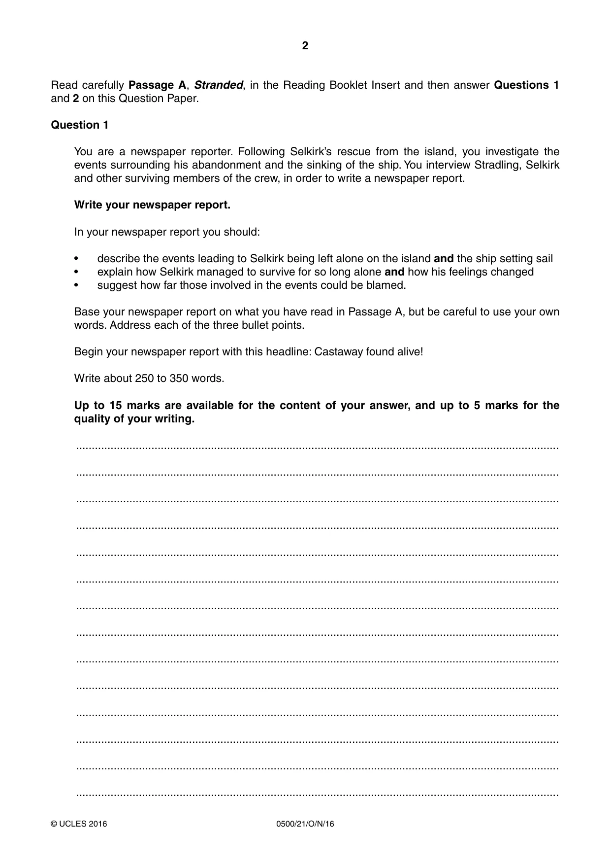 Cambridge IGCSE English - First Language 0500 2016 Oct/Nov Paper 2 · Variant 1 question paper, page 2 of 12