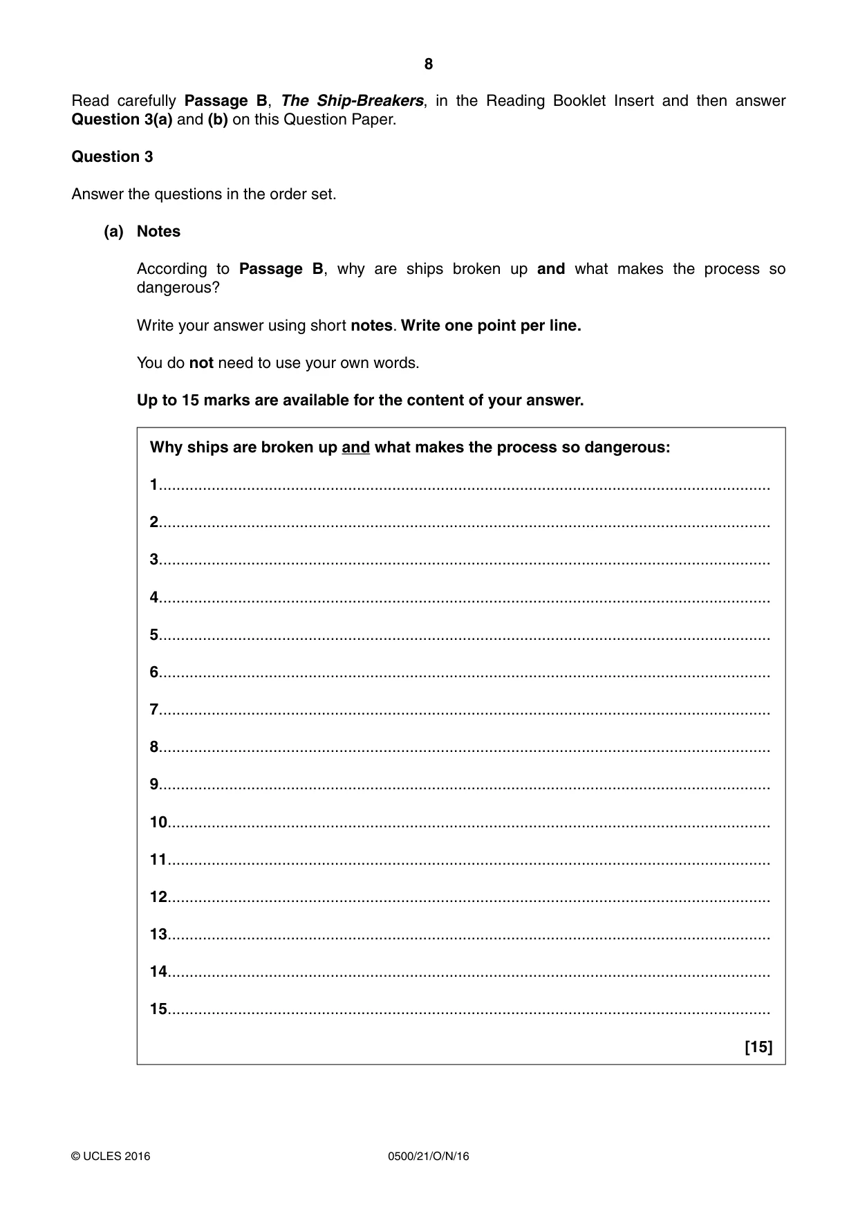Cambridge IGCSE English - First Language 0500 2016 Oct/Nov Paper 2 · Variant 1 question paper, page 8 of 12