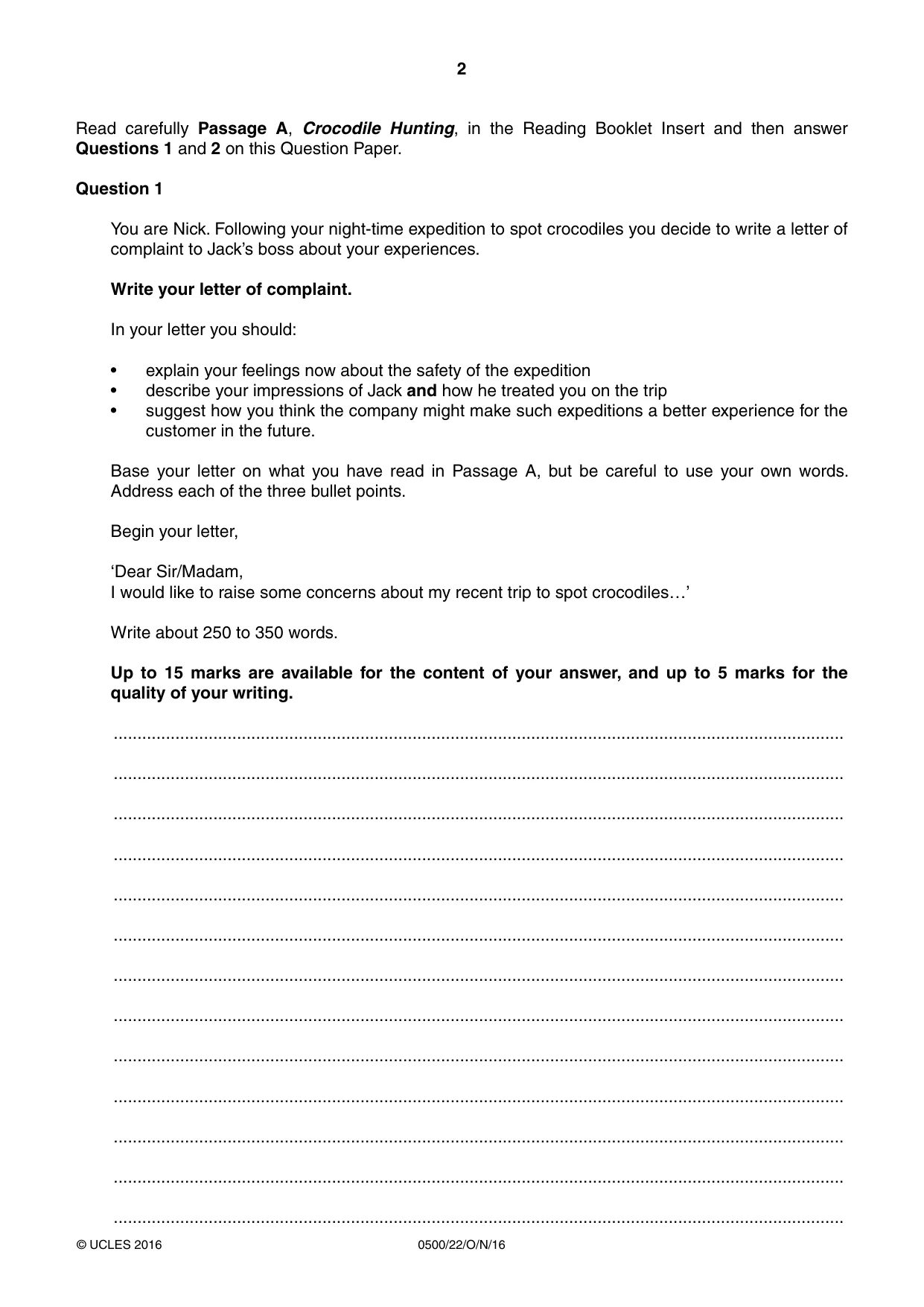 Cambridge IGCSE English - First Language 0500 2016 Oct/Nov Paper 2 · Variant 2 question paper, page 2 of 12
