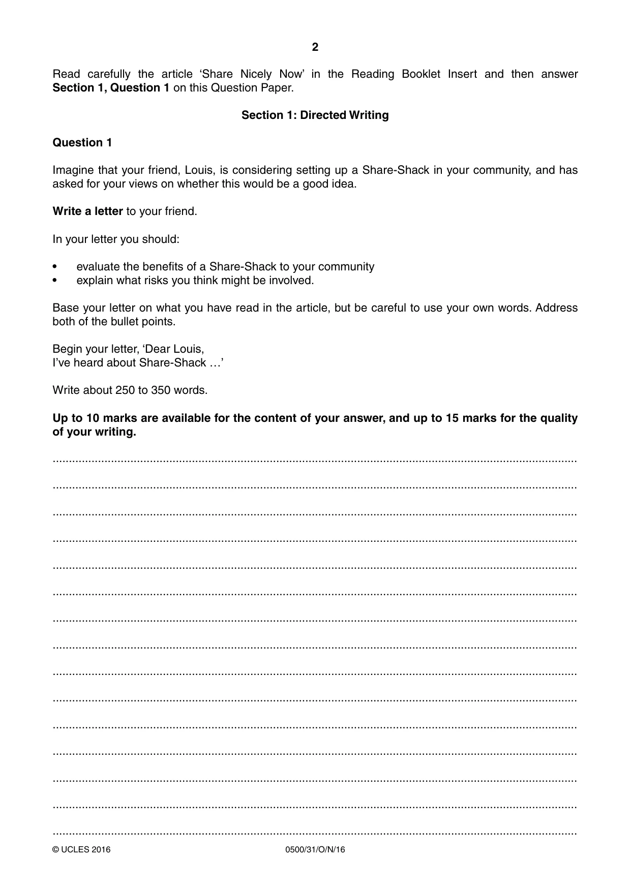 Cambridge IGCSE English - First Language 0500 2016 Oct/Nov Paper 3 · Variant 1 question paper, page 2 of 12