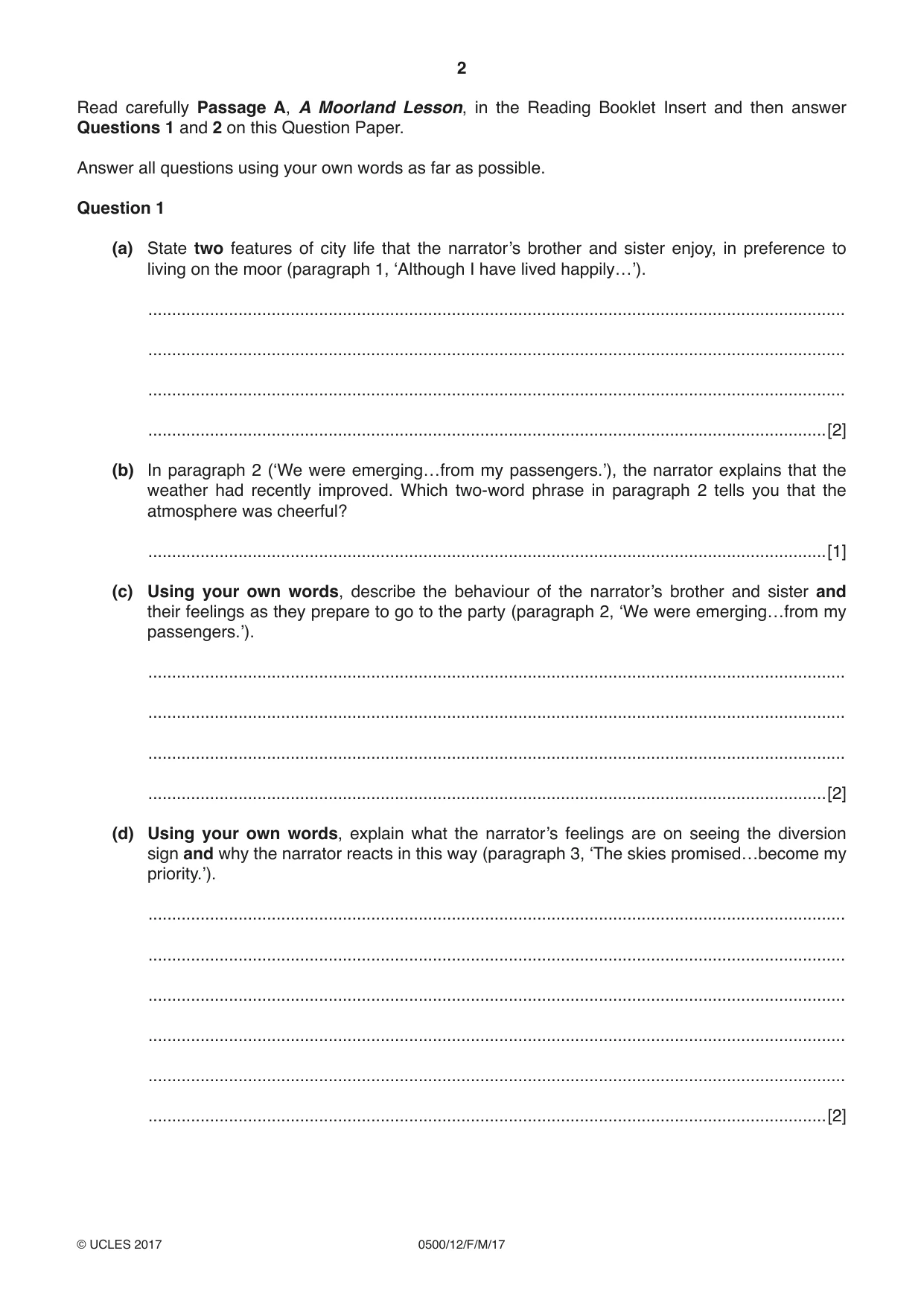 Cambridge IGCSE English - First Language 0500 2017 Feb/March Paper 1 · Variant 2 question paper, page 2 of 12