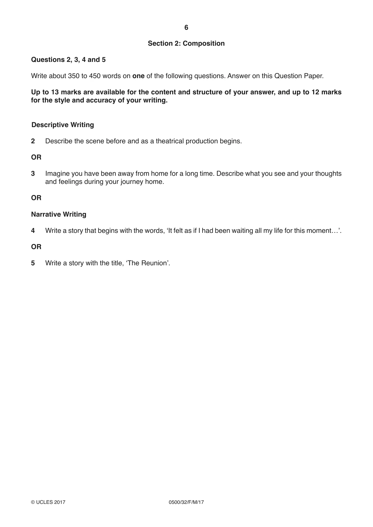 Cambridge IGCSE English - First Language 0500 2017 Feb/March Paper 3 · Variant 2 question paper, page 6 of 12