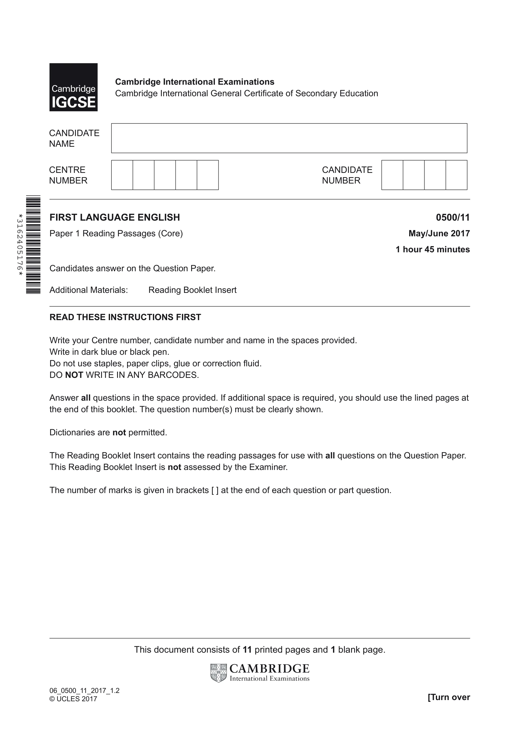 Cambridge IGCSE English - First Language 0500 2017 May/June Paper 1 · Variant 1 question paper, page 1 of 12