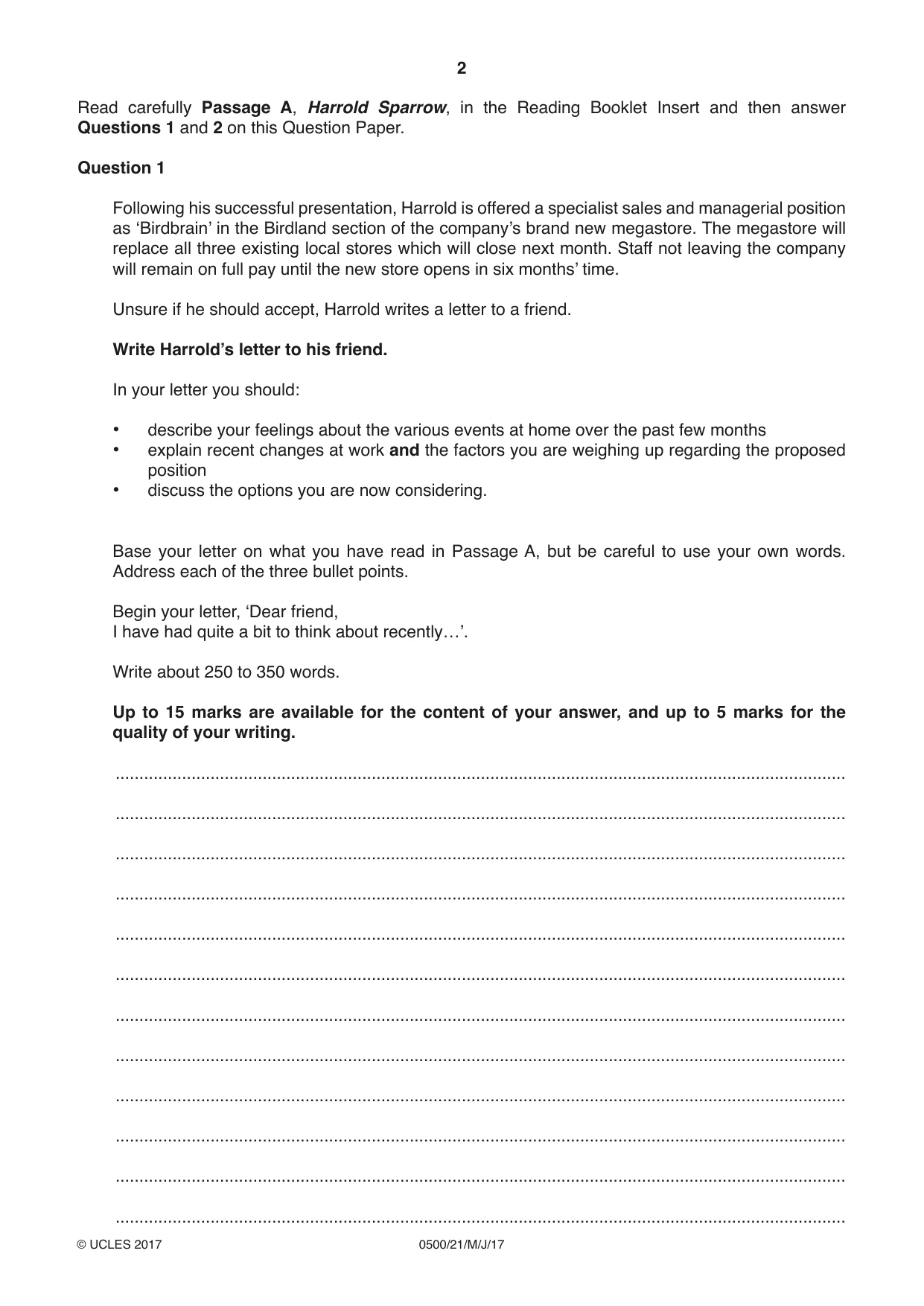 Cambridge IGCSE English - First Language 0500 2017 May/June Paper 2 · Variant 1 question paper, page 2 of 12