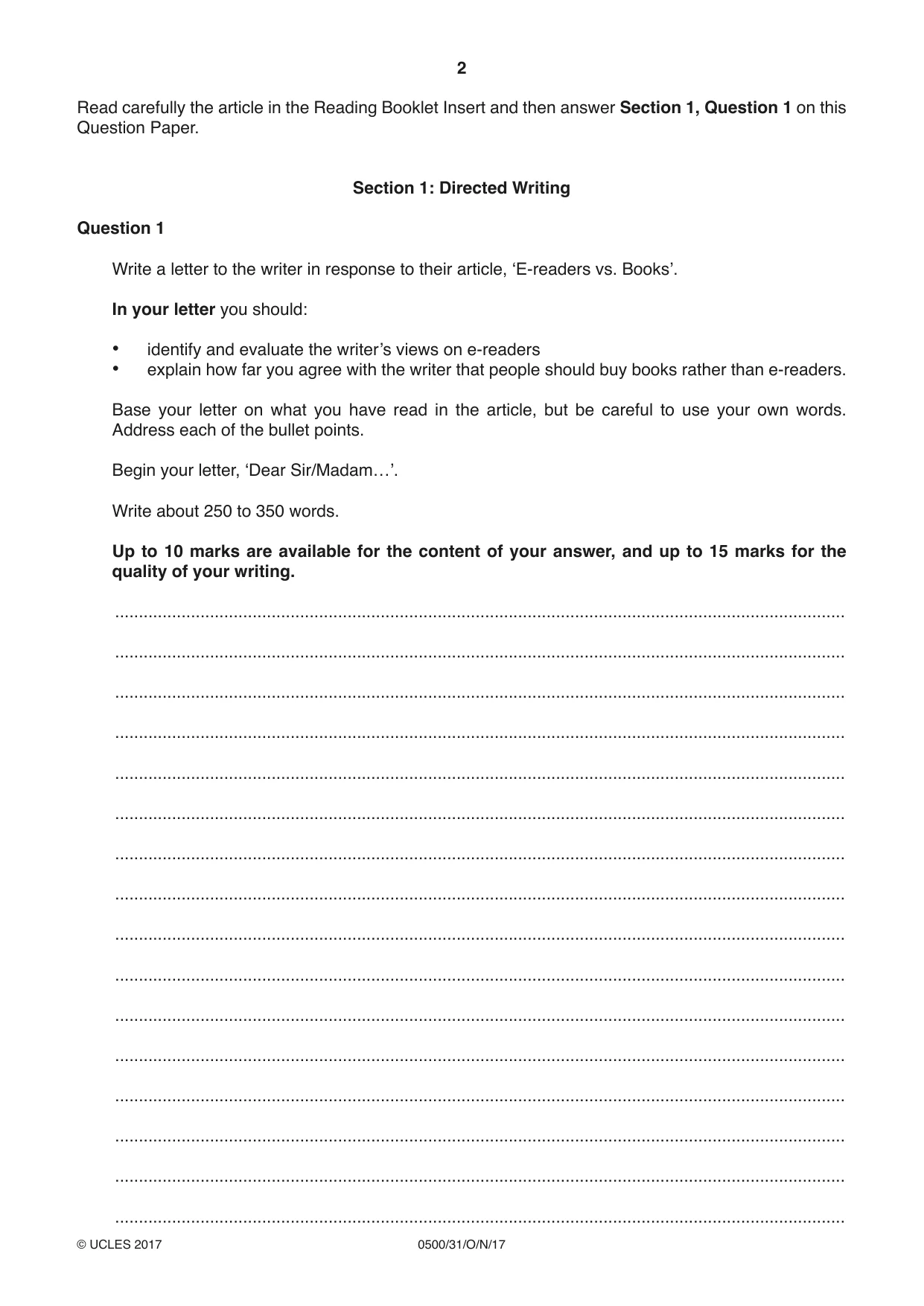 Cambridge IGCSE English - First Language 0500 2017 Oct/Nov Paper 3 · Variant 1 question paper, page 2 of 12