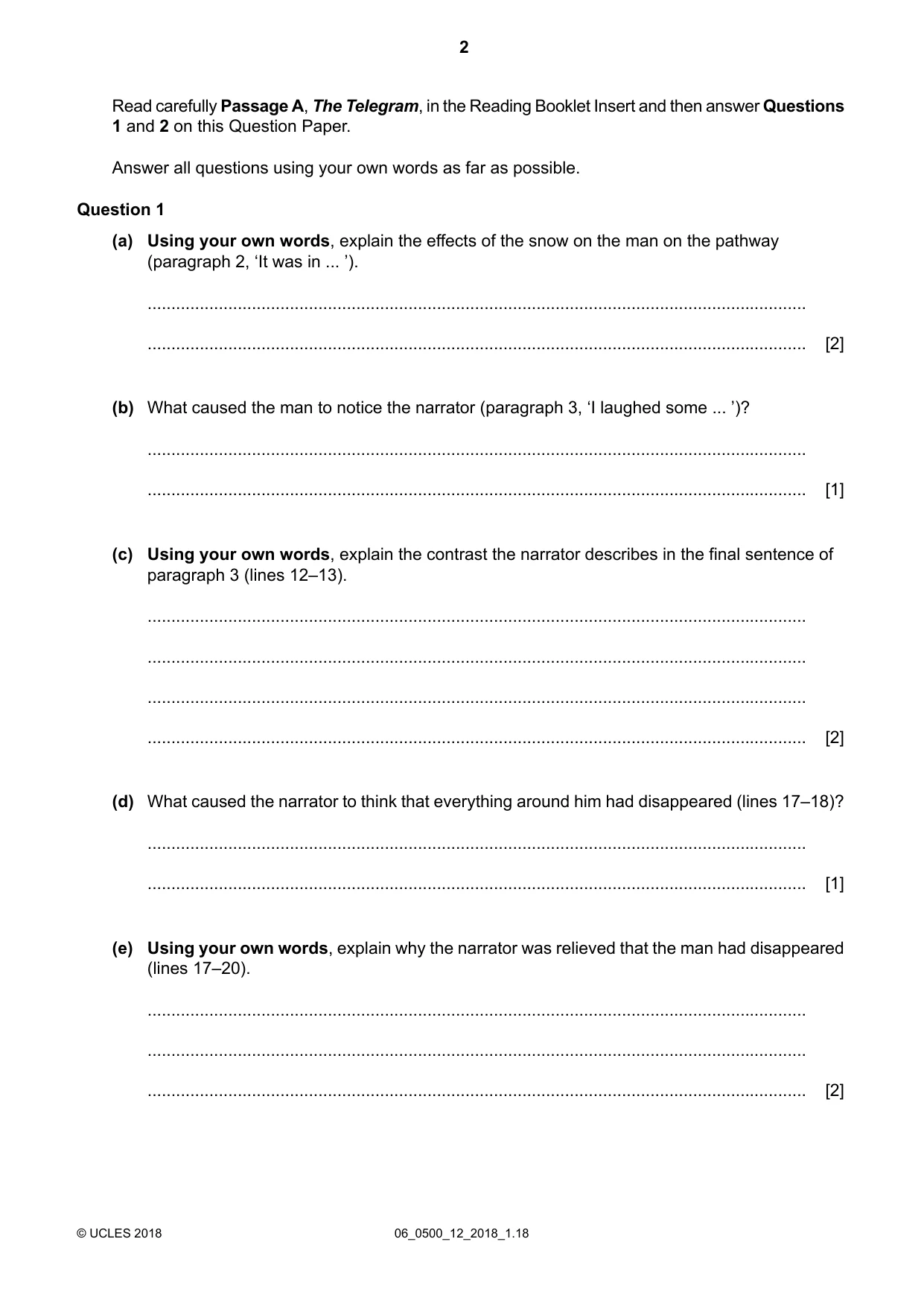Cambridge IGCSE English - First Language 0500 2018 May/June Paper 1 · Variant 2 question paper, page 2 of 12