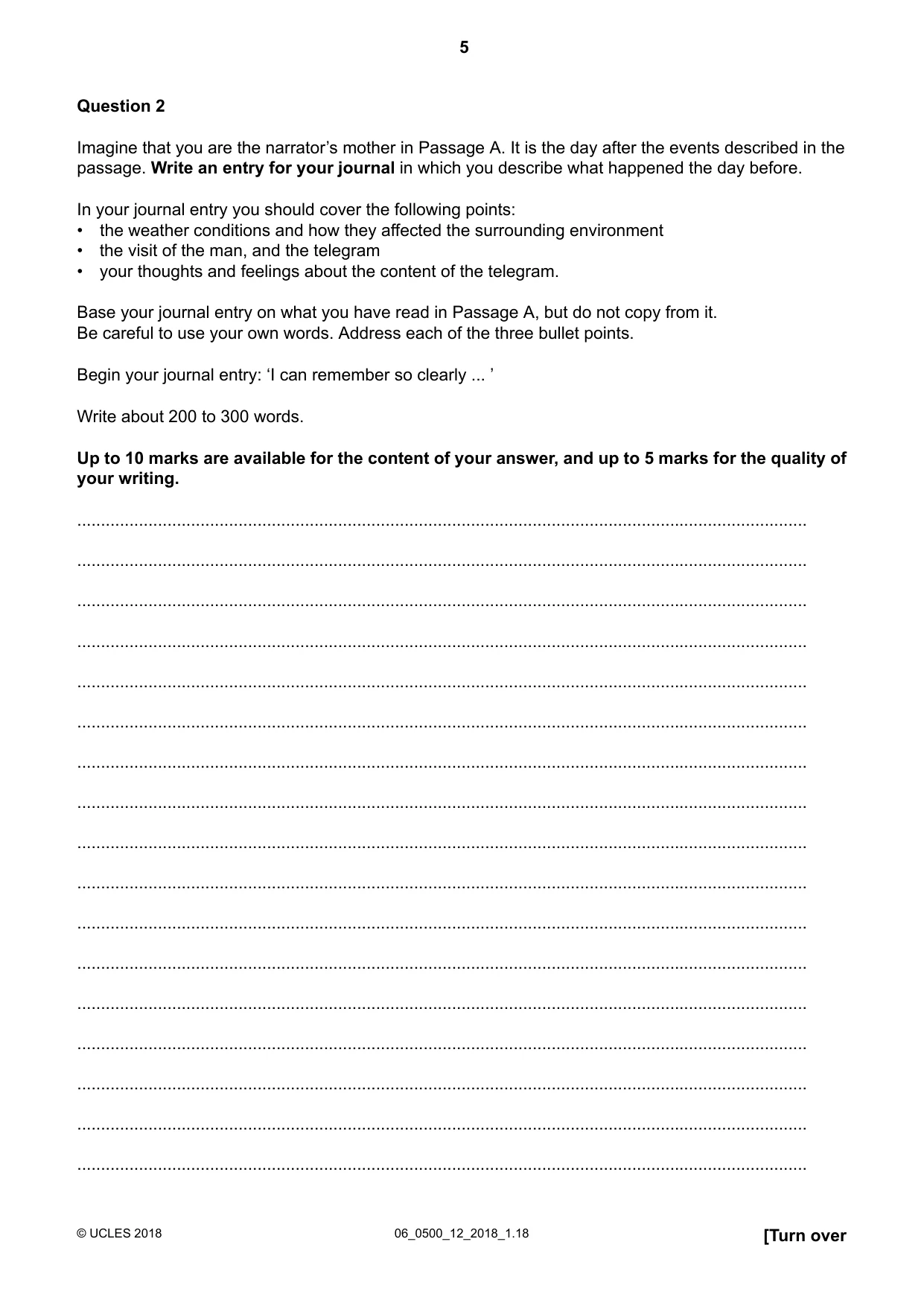 Cambridge IGCSE English - First Language 0500 2018 May/June Paper 1 · Variant 2 question paper, page 5 of 12