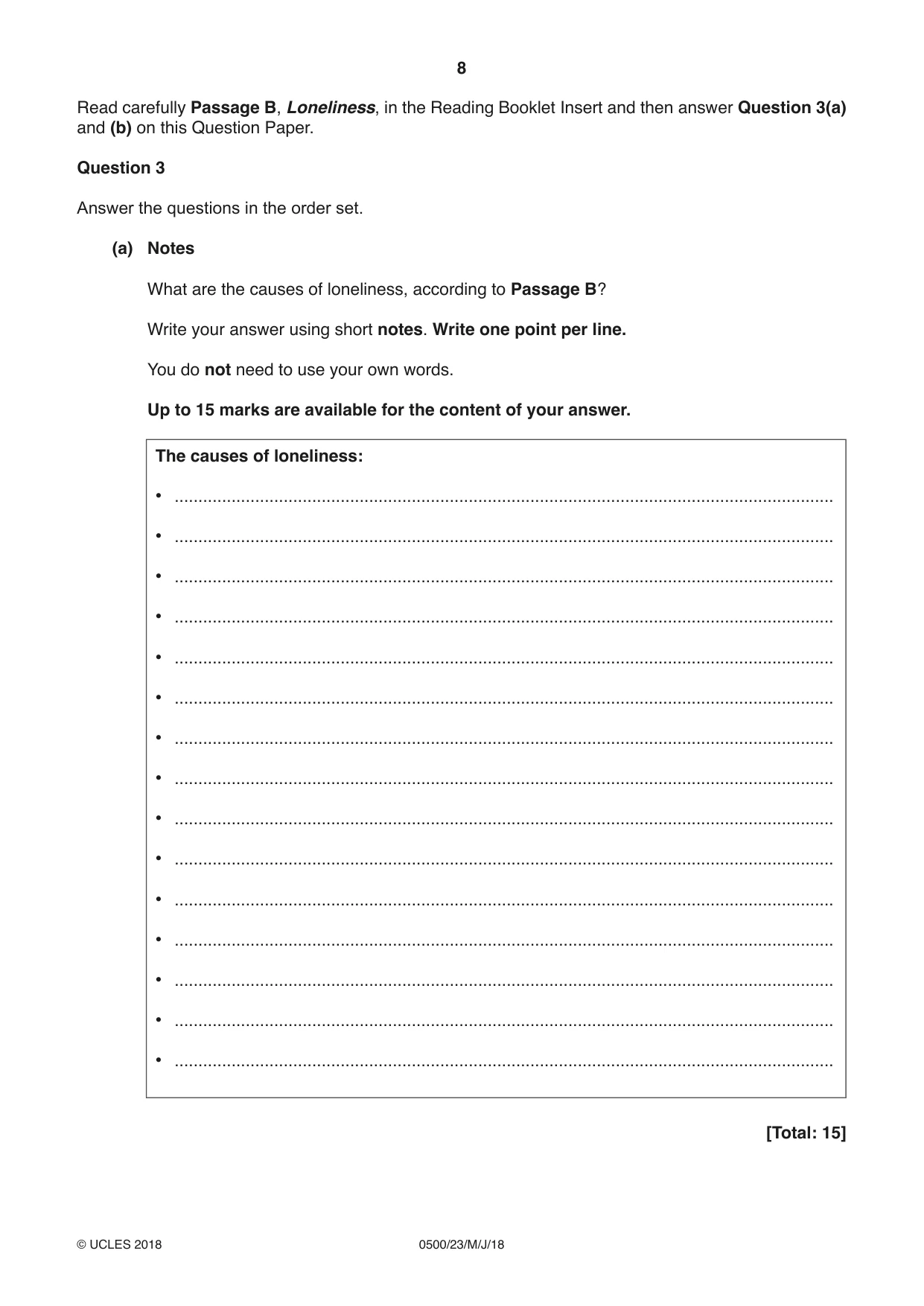 Cambridge IGCSE English - First Language 0500 2018 May/June Paper 2 · Variant 3 question paper, page 8 of 12