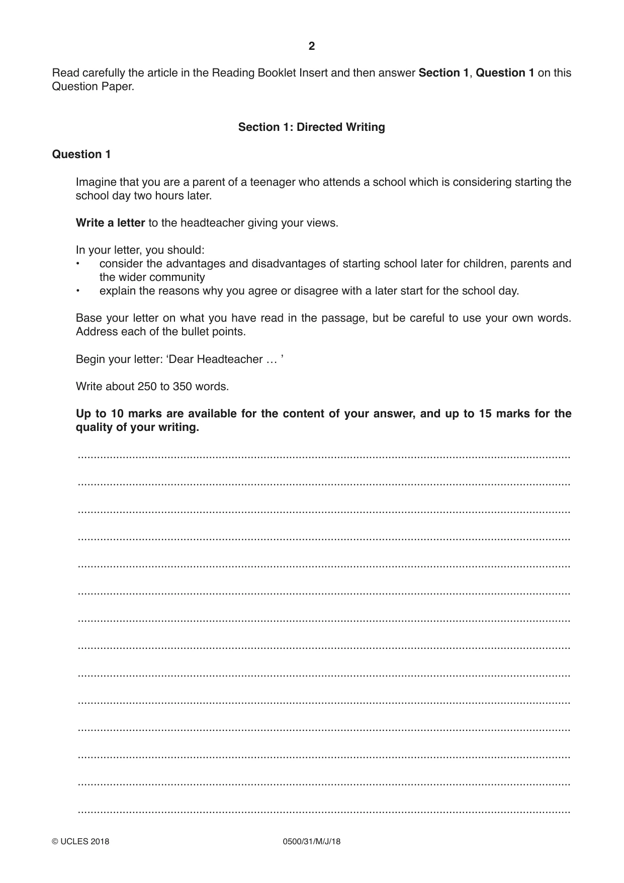 Cambridge IGCSE English - First Language 0500 2018 May/June Paper 3 · Variant 1 question paper, page 2 of 12