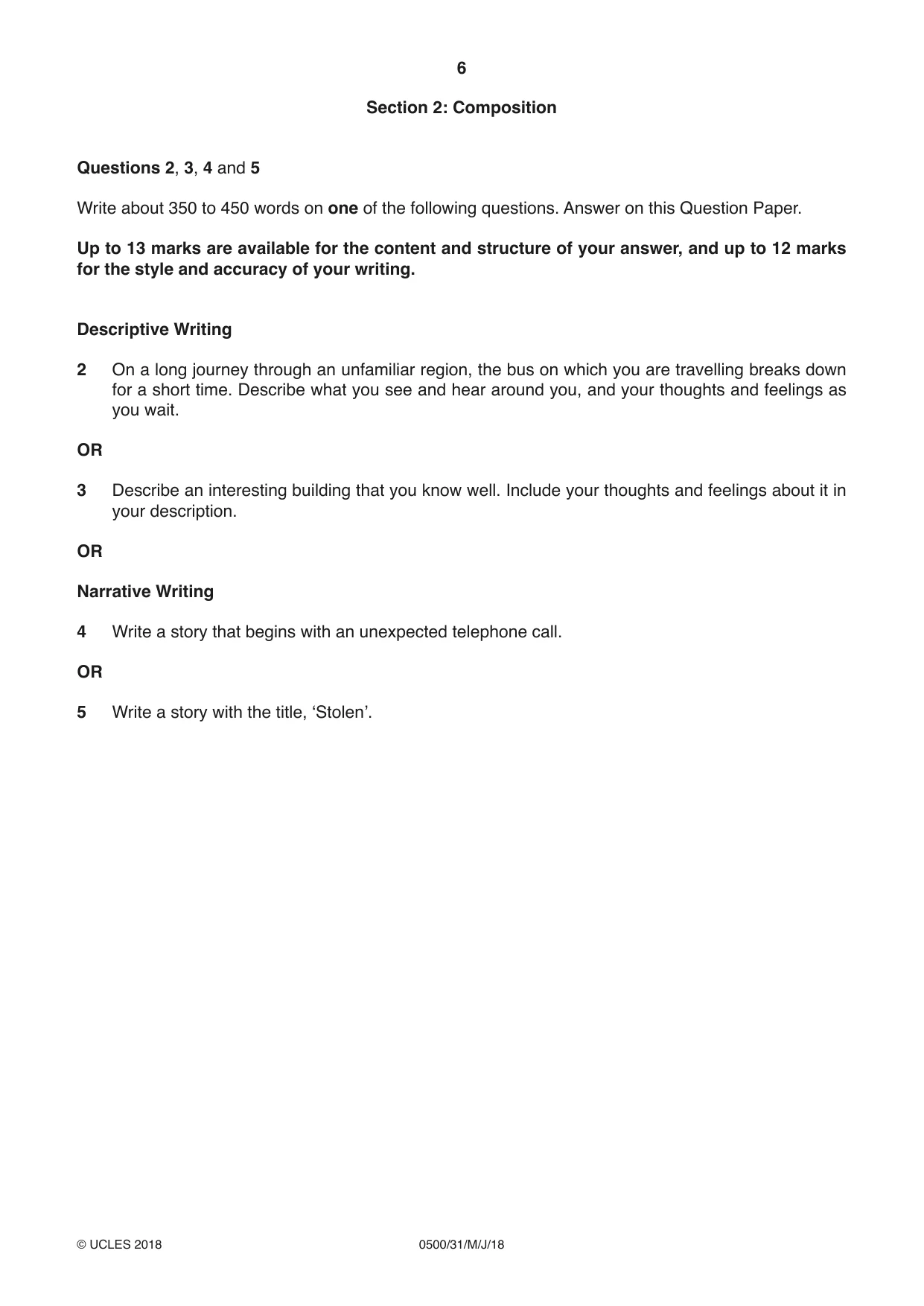 Cambridge IGCSE English - First Language 0500 2018 May/June Paper 3 · Variant 1 question paper, page 6 of 12