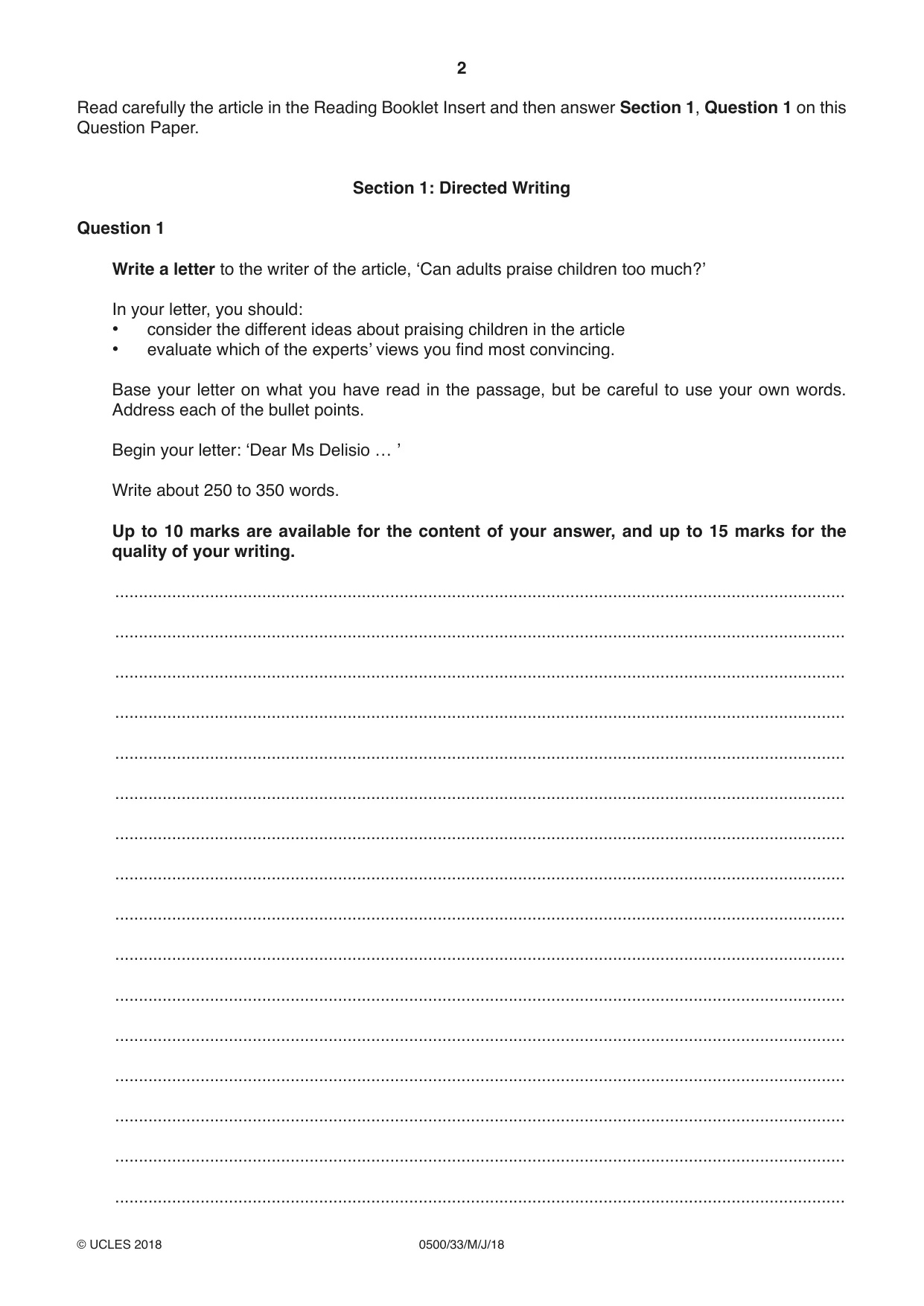 Cambridge IGCSE English - First Language 0500 2018 May/June Paper 3 · Variant 3 question paper, page 2 of 12