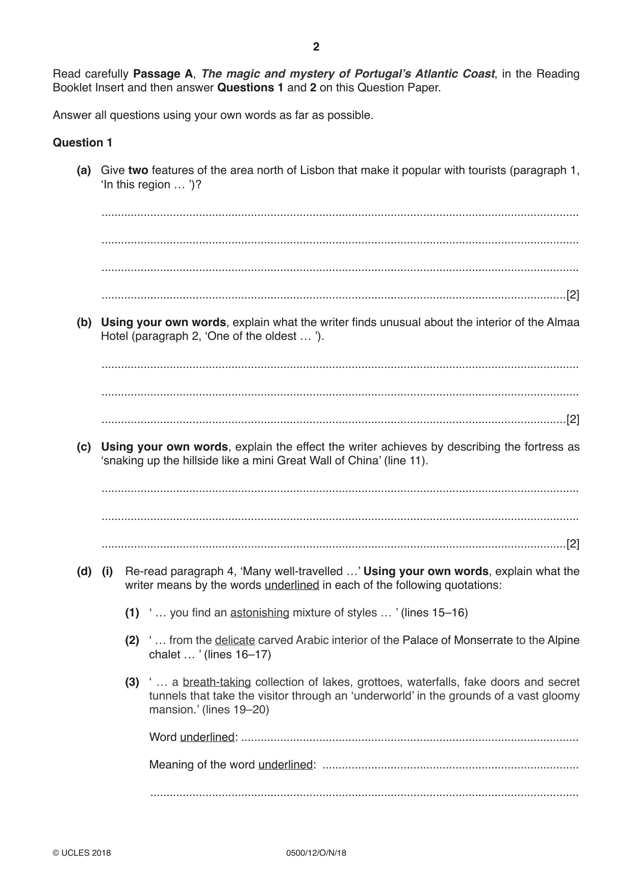 Cambridge IGCSE English - First Language 0500 2018 Oct/Nov Paper 1 · Variant 2 question paper, page 2 of 8