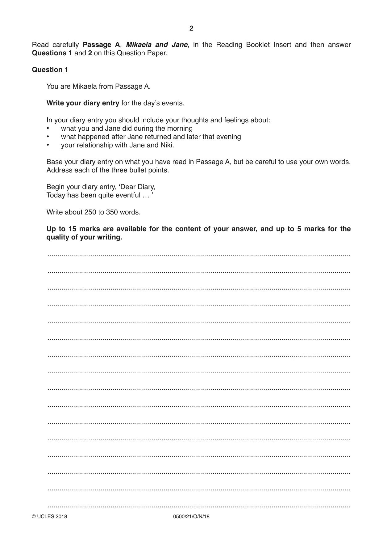 Cambridge IGCSE English - First Language 0500 2018 Oct/Nov Paper 2 · Variant 1 question paper, page 2 of 12