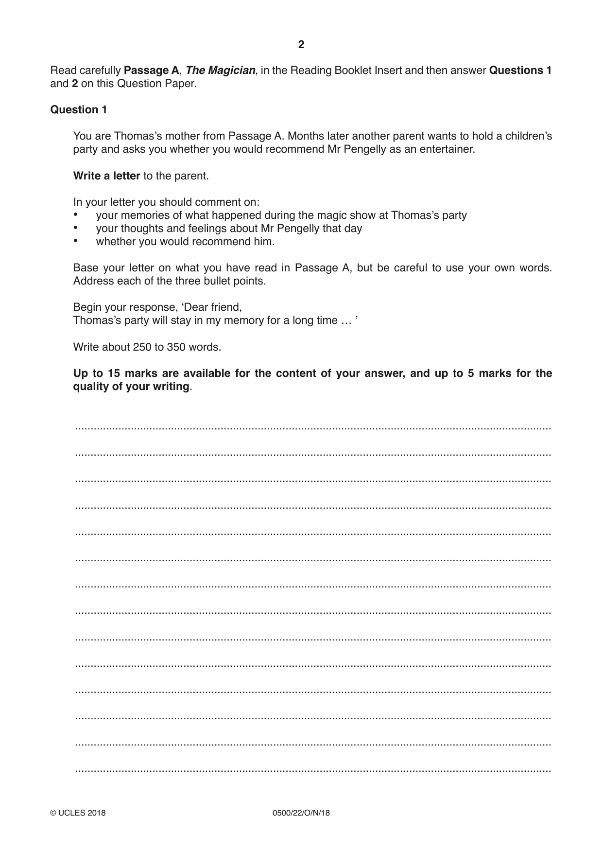 Cambridge IGCSE English - First Language 0500 2018 Oct/Nov Paper 2 · Variant 2 question paper, page 2 of 12