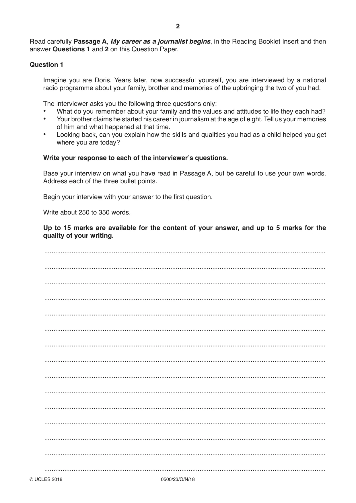 Cambridge IGCSE English - First Language 0500 2018 Oct/Nov Paper 2 · Variant 3 question paper, page 2 of 12