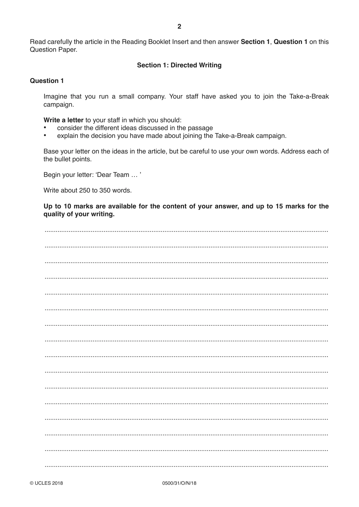 Cambridge IGCSE English - First Language 0500 2018 Oct/Nov Paper 3 · Variant 1 question paper, page 2 of 12