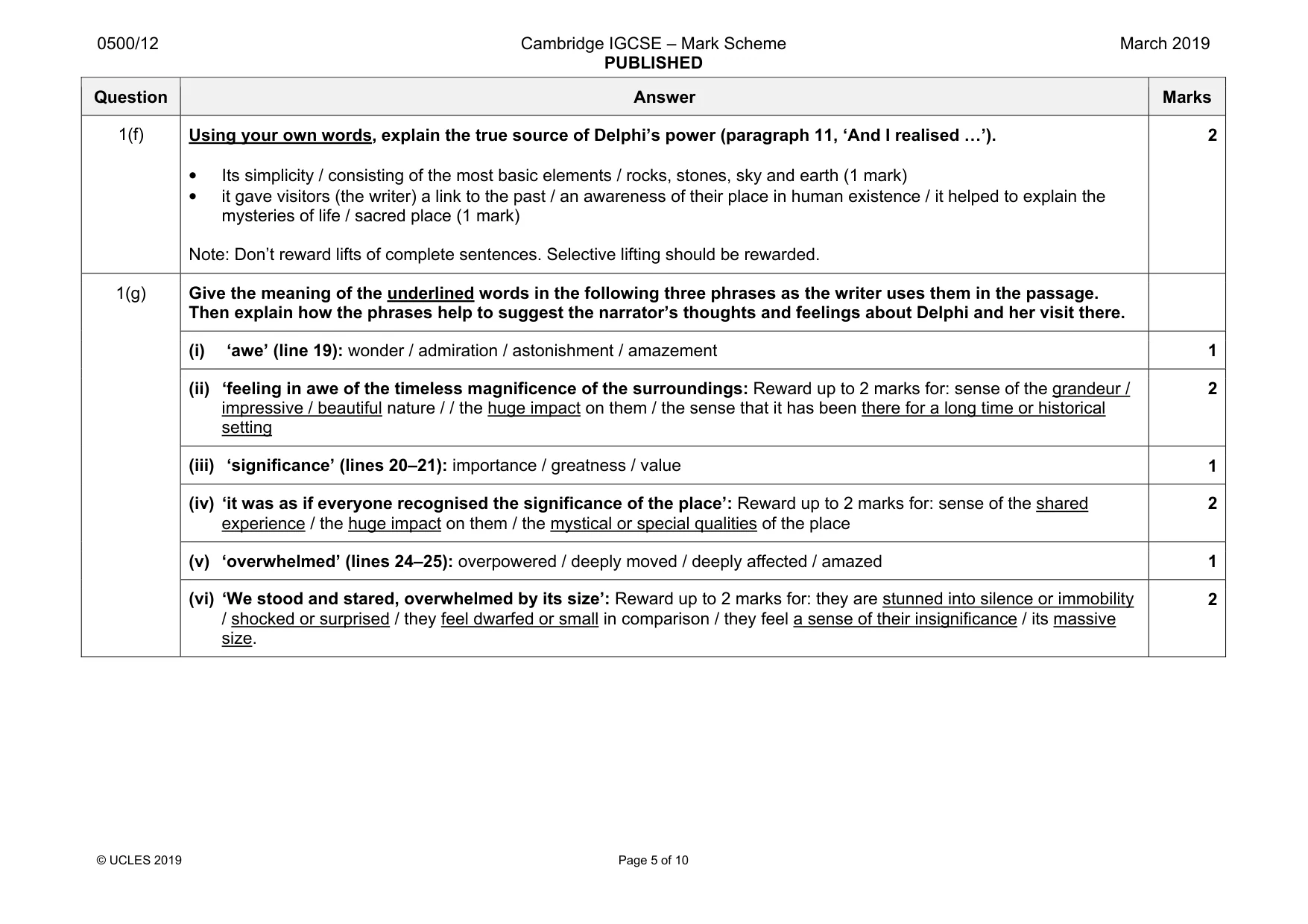 Mark scheme, page 5 of 10