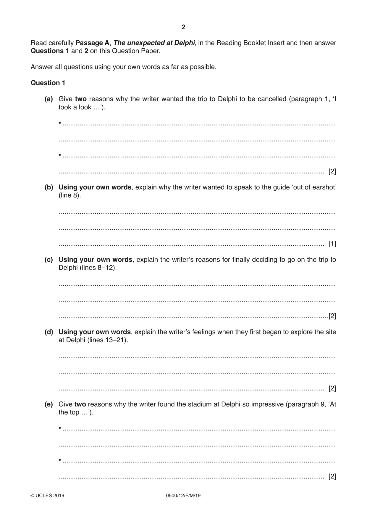 Cambridge IGCSE English - First Language 0500 2019 Feb/March Paper 1 · Variant 2 question paper, page 2 of 12