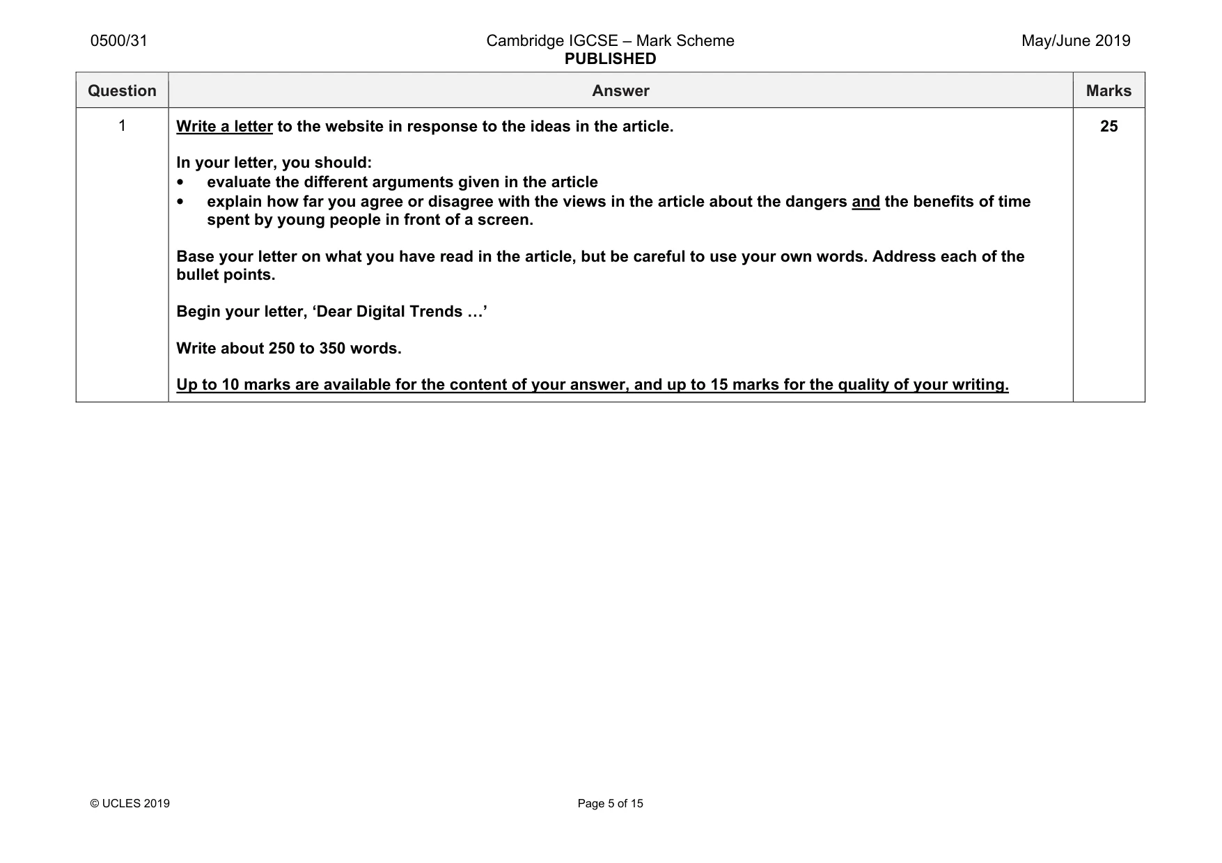 Mark scheme, page 5 of 15