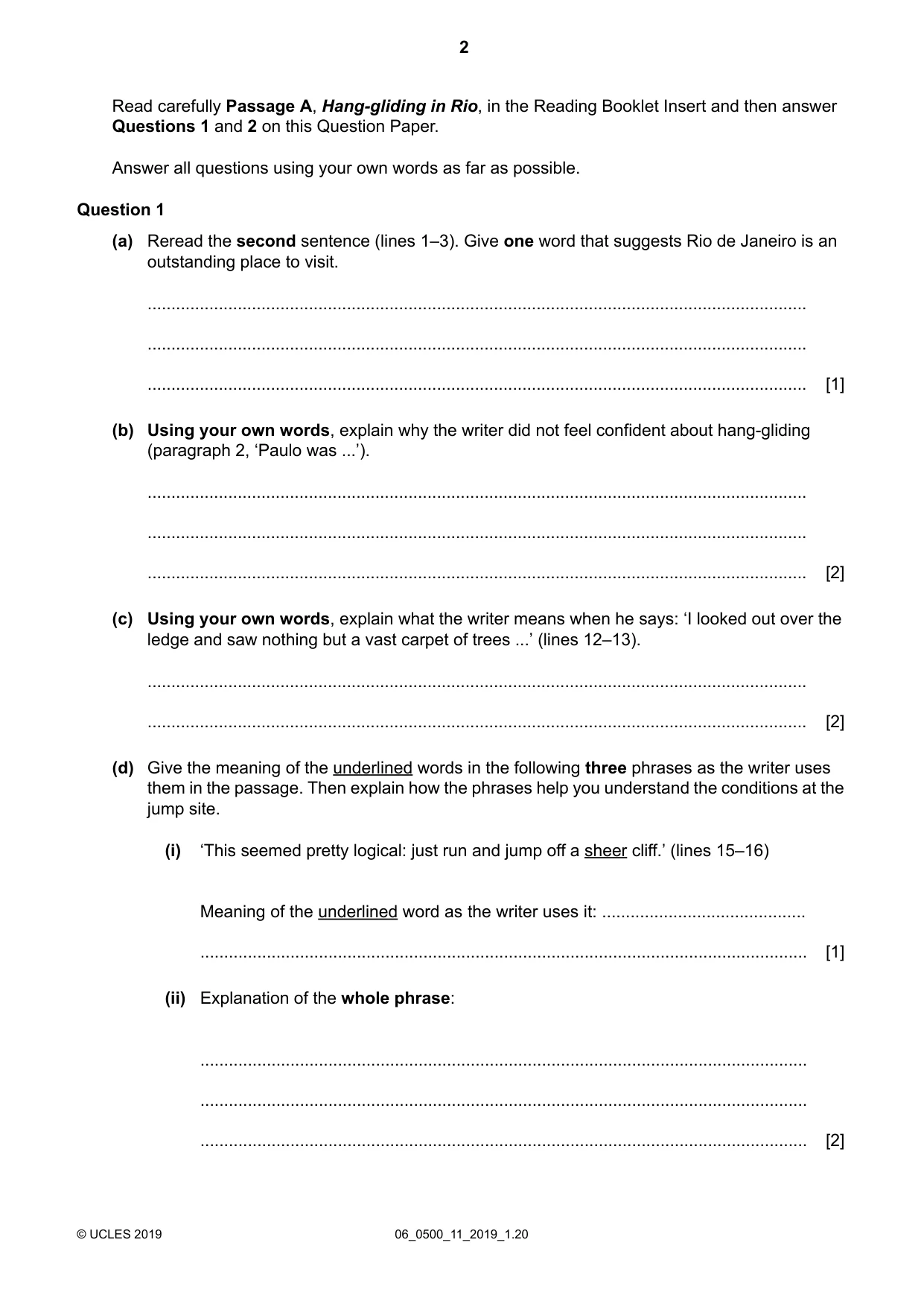 Cambridge IGCSE English - First Language 0500 2019 May/June Paper 1 · Variant 1 question paper, page 2 of 16