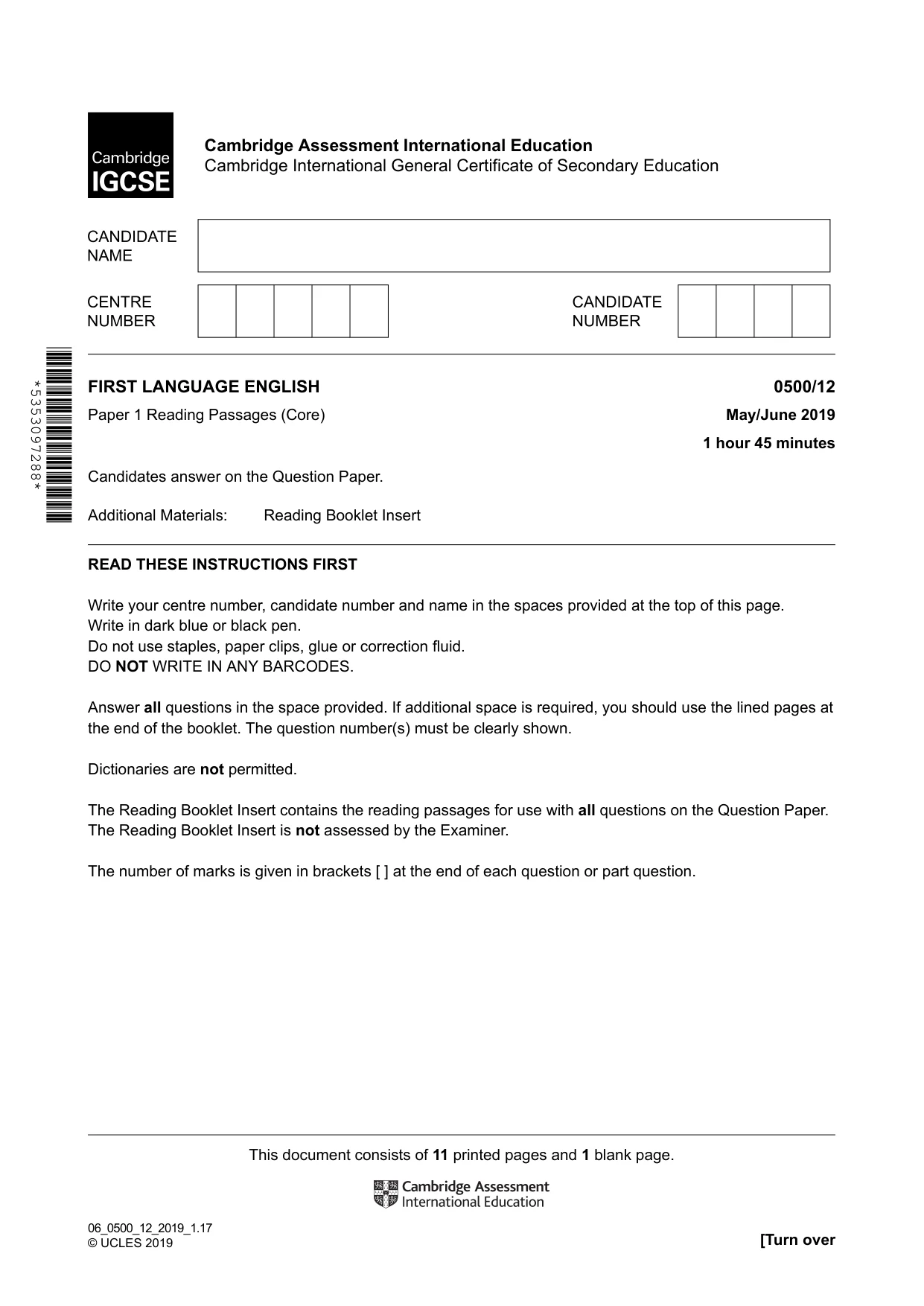Cambridge IGCSE English - First Language 0500 2019 May/June Paper 1 · Variant 2 question paper, page 1 of 12