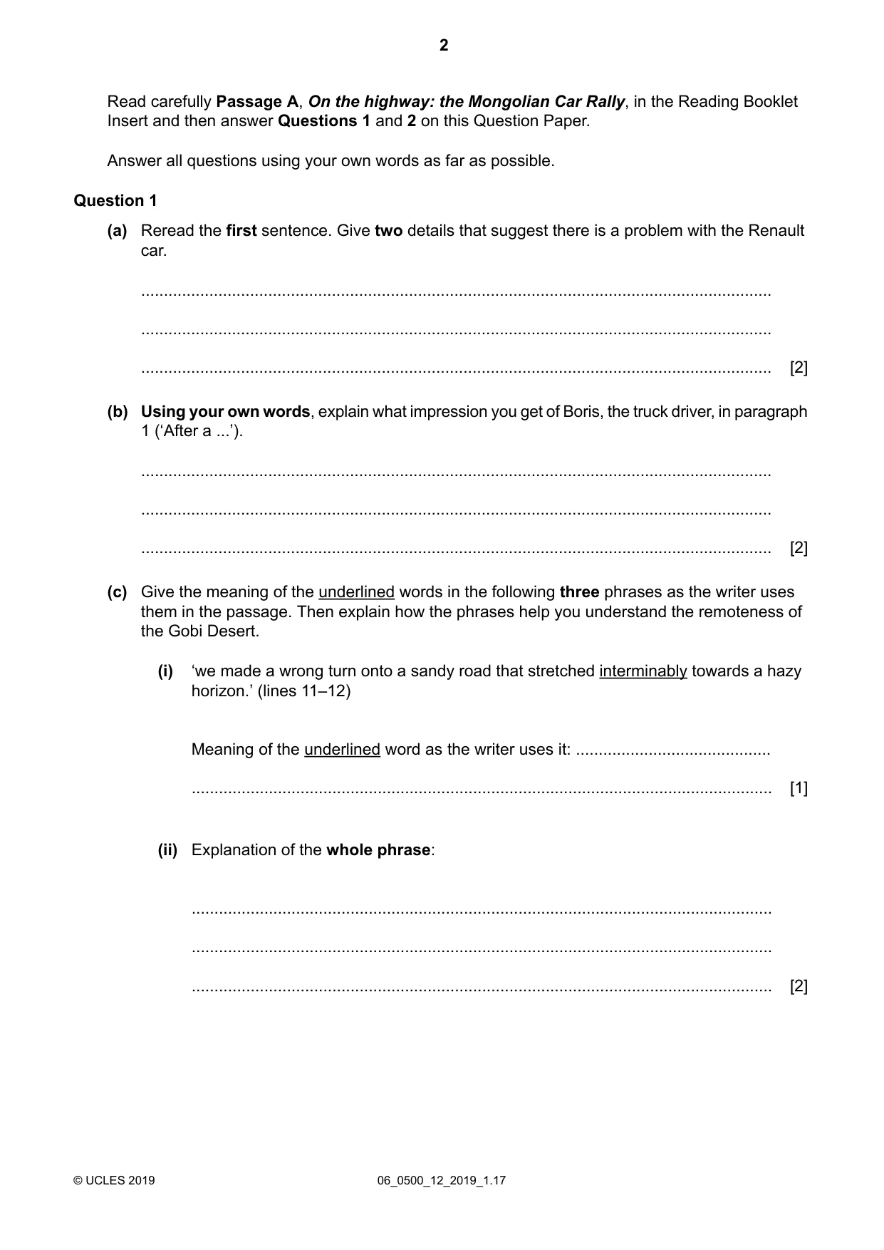 Cambridge IGCSE English - First Language 0500 2019 May/June Paper 1 · Variant 2 question paper, page 2 of 12