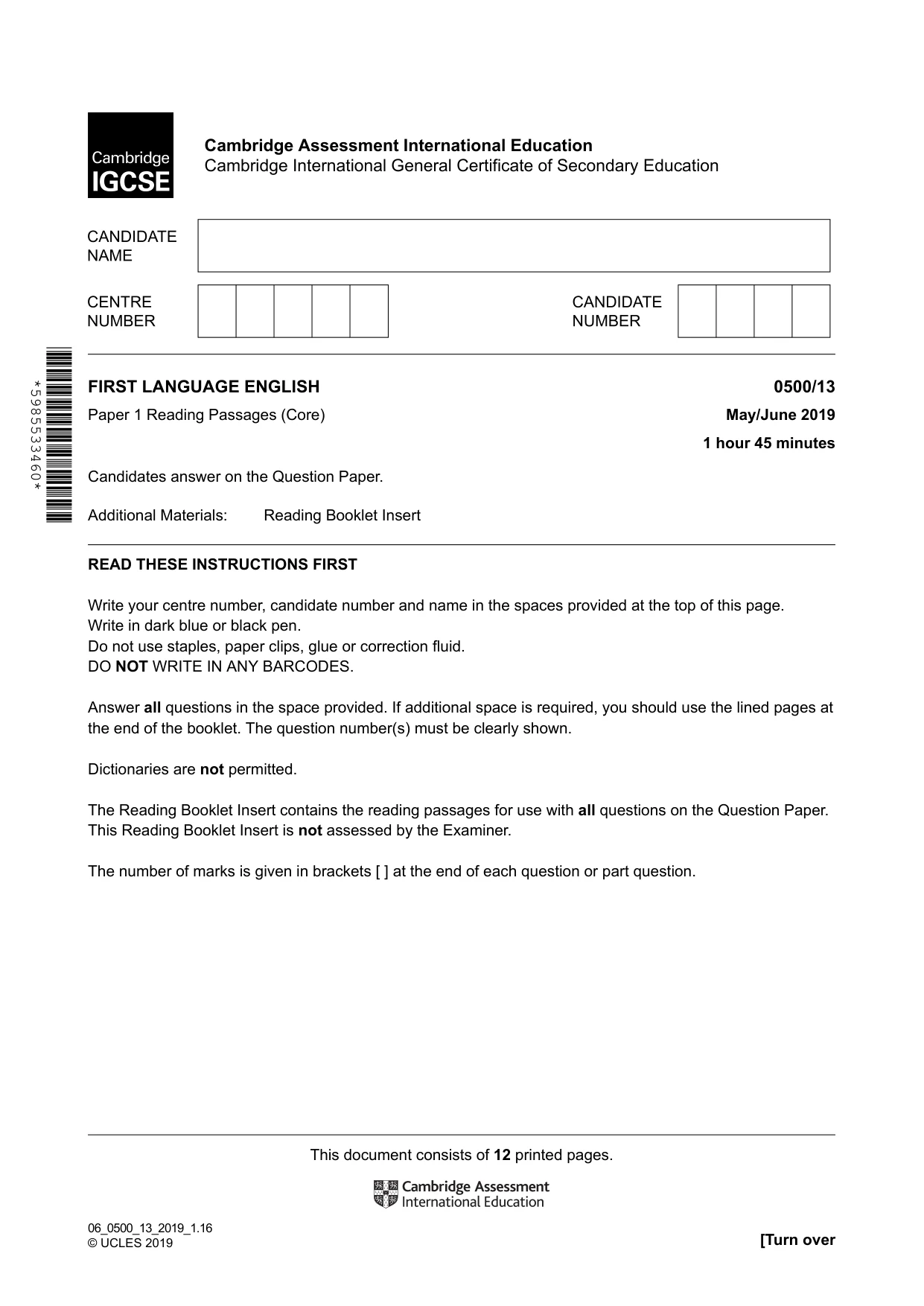 Cambridge IGCSE English - First Language 0500 2019 May/June Paper 1 · Variant 3 question paper, page 1 of 12