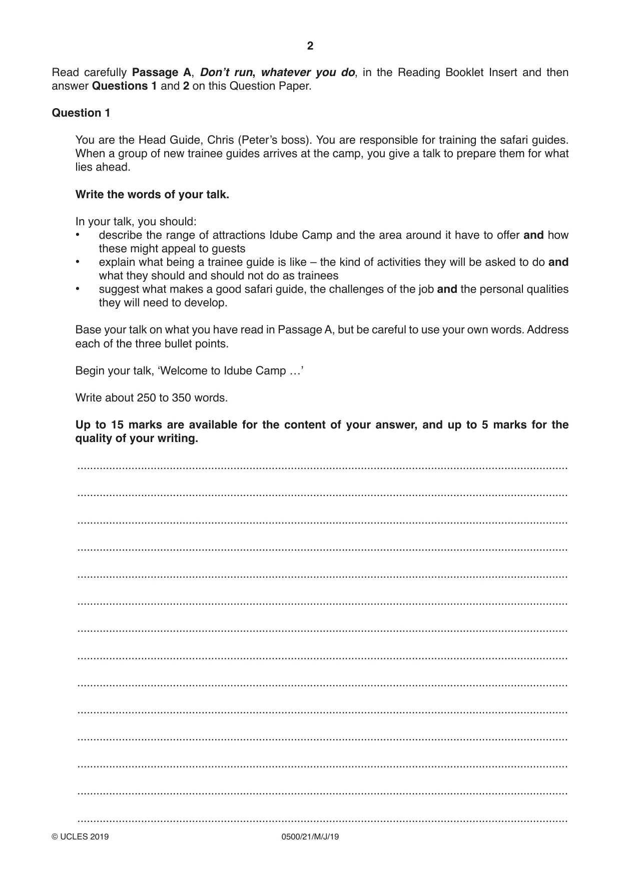 Cambridge IGCSE English - First Language 0500 2019 May/June Paper 2 · Variant 1 question paper, page 2 of 12