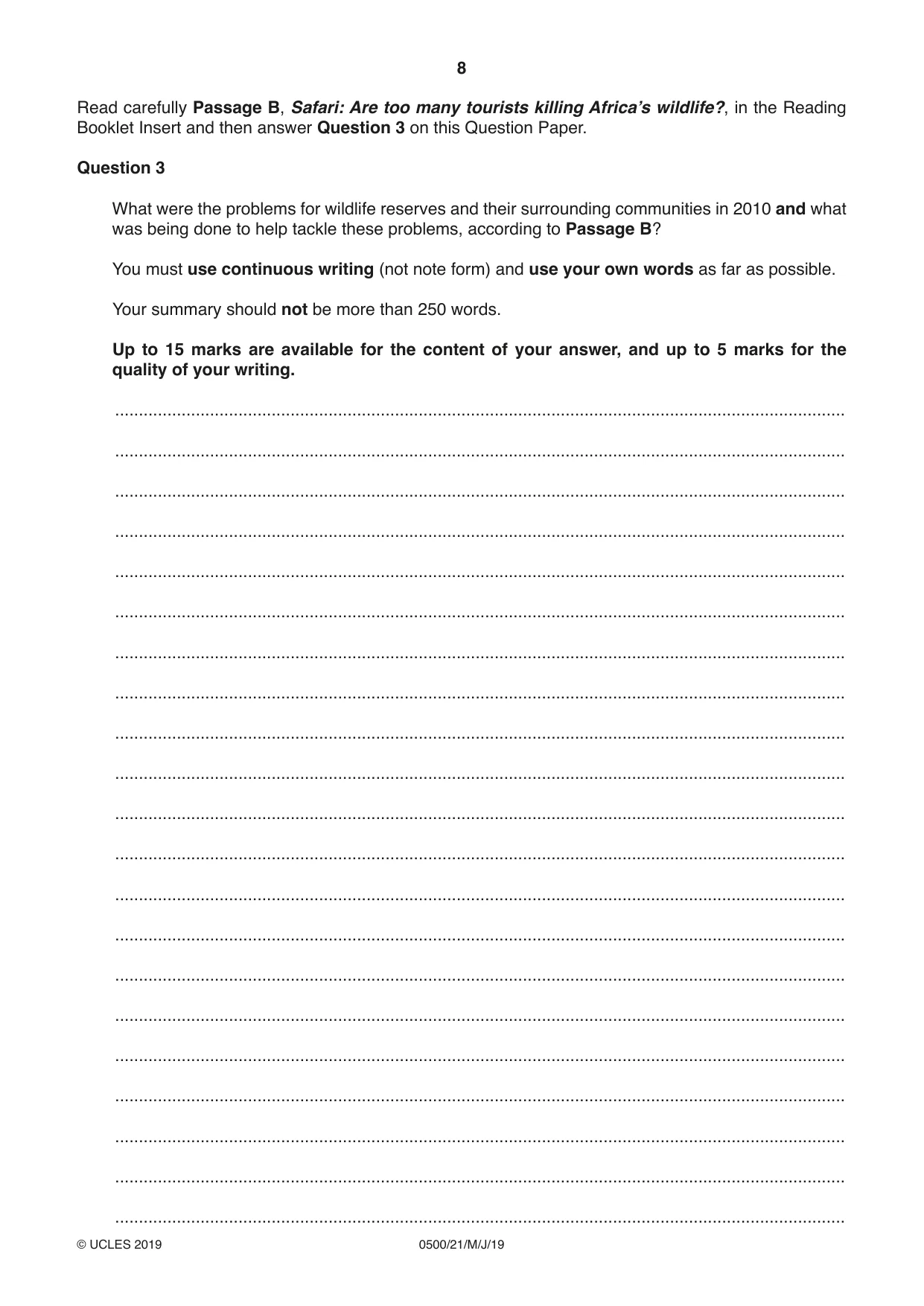Cambridge IGCSE English - First Language 0500 2019 May/June Paper 2 · Variant 1 question paper, page 8 of 12