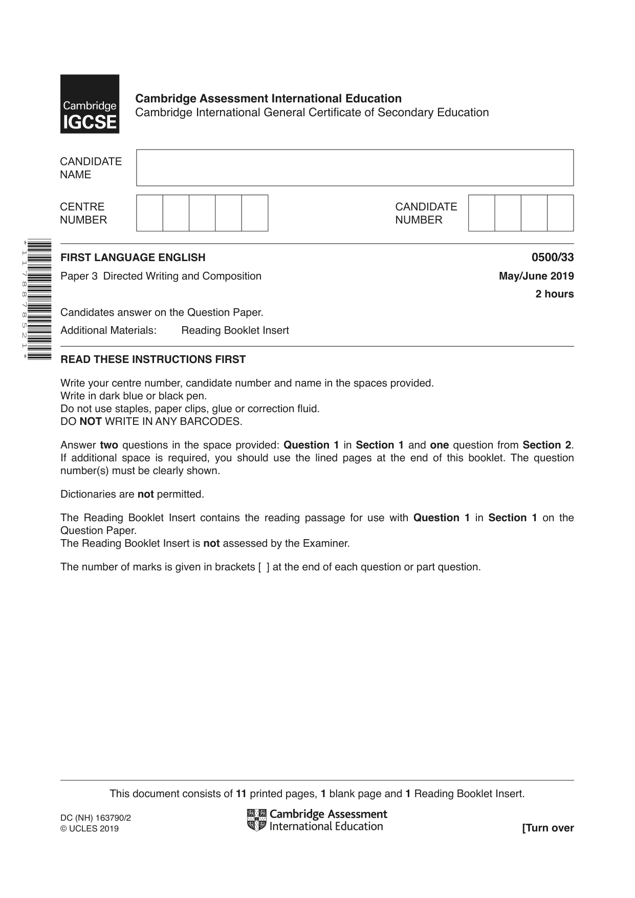 Cambridge IGCSE English - First Language 0500 2019 May/June Paper 3 · Variant 3 question paper, page 1 of 12