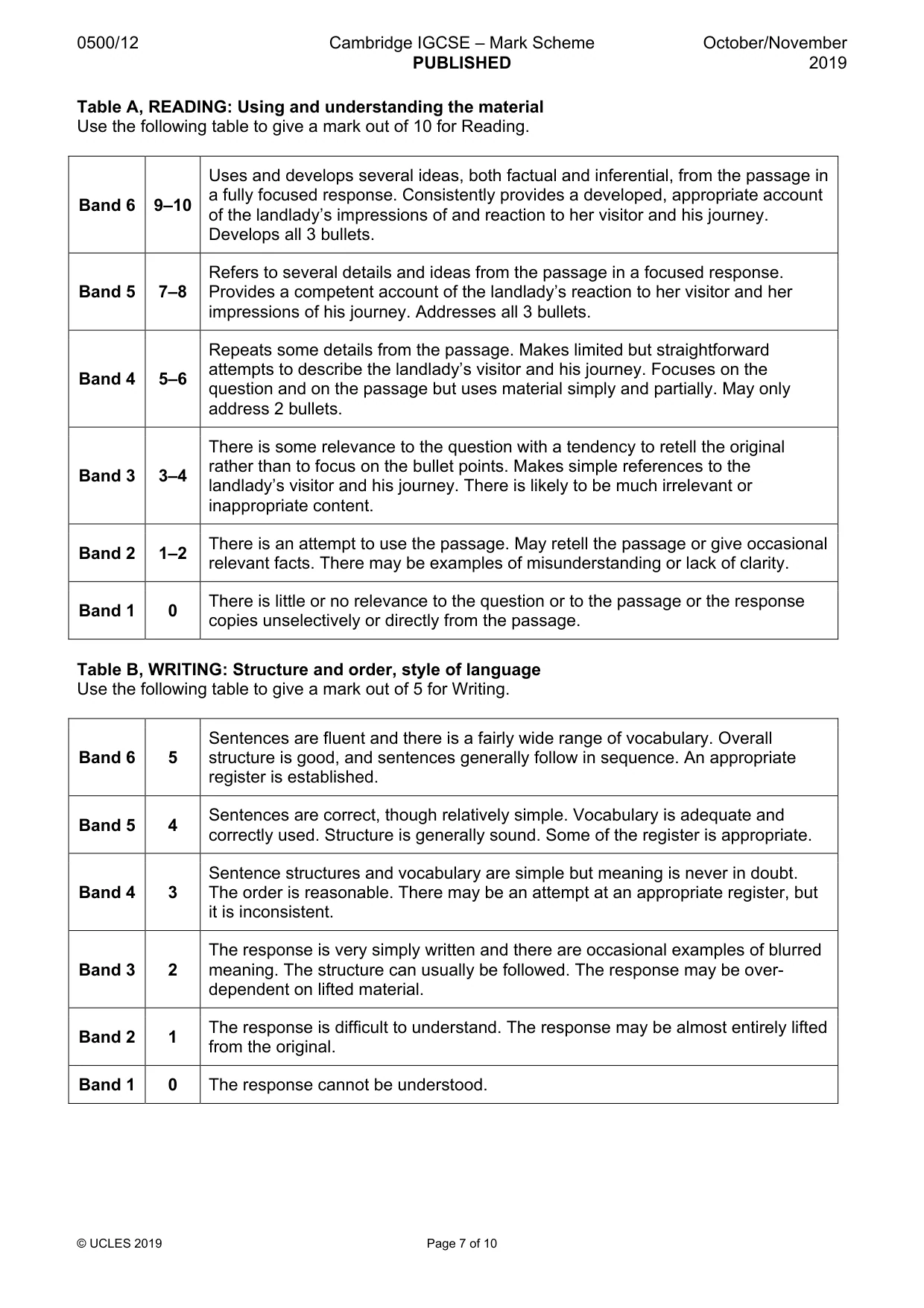 Mark scheme, page 7 of 10