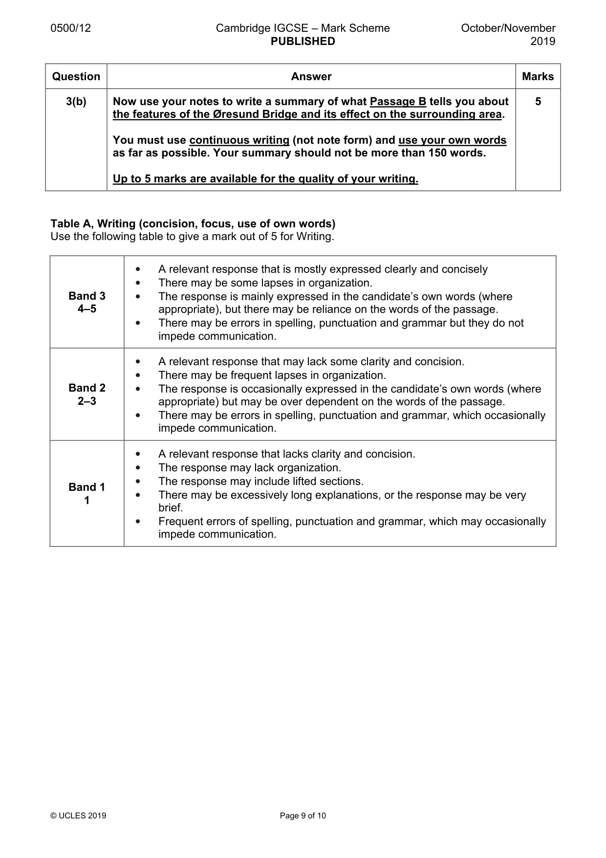 Mark scheme, page 9 of 10