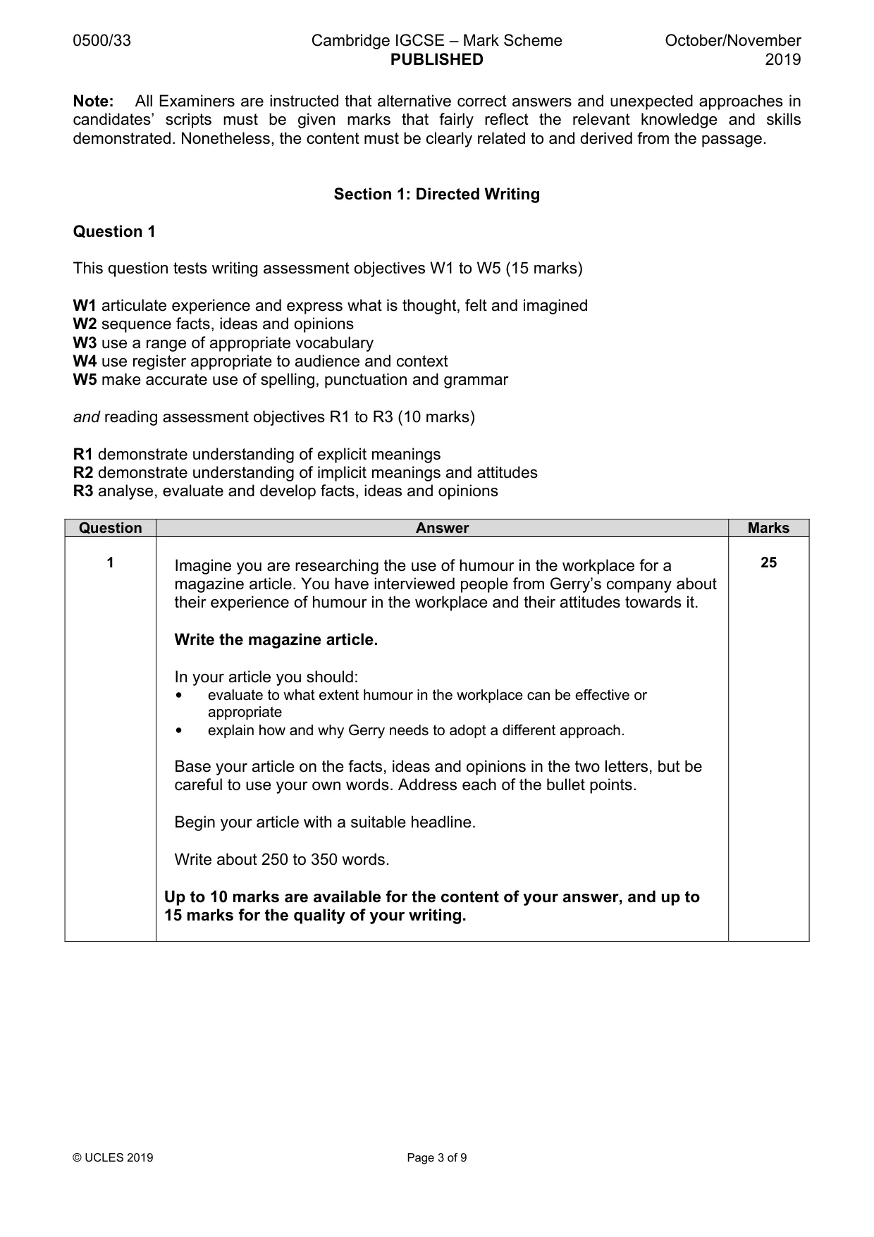 Mark scheme, page 3 of 9
